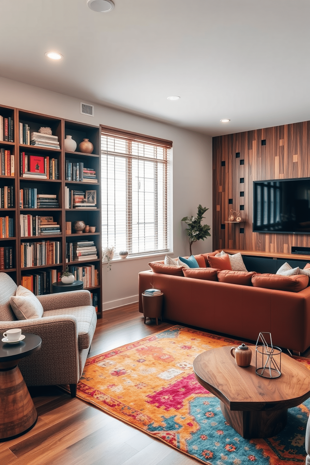 A cozy corner with a reading nook features a plush armchair upholstered in soft, textured fabric, positioned beside a large window that allows natural light to flood the space. A small side table holds a steaming cup of tea, while a tall bookshelf filled with colorful novels and decorative items lines the wall, creating an inviting atmosphere. The cozy game room is designed with a sectional sofa in rich, warm tones, perfect for lounging with friends. A large coffee table made of reclaimed wood sits in the center, surrounded by a vibrant area rug, while a wall-mounted screen provides the perfect backdrop for game nights.