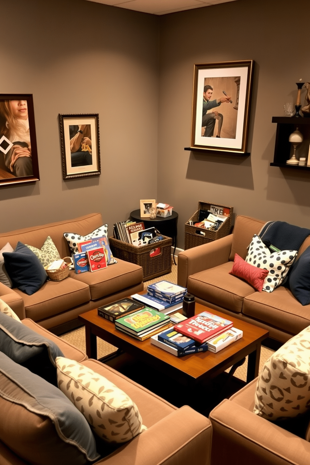 A cozy game room featuring decorative baskets filled with game night essentials like board games, cards, and snacks. The walls are painted in a warm gray, complemented by plush seating arrangements and soft lighting to create an inviting atmosphere. In one corner, a stylish coffee table holds a selection of popular games, while colorful throw pillows add comfort and flair. The room is accented with framed artwork and shelves displaying collectible items, enhancing the playful yet sophisticated vibe.