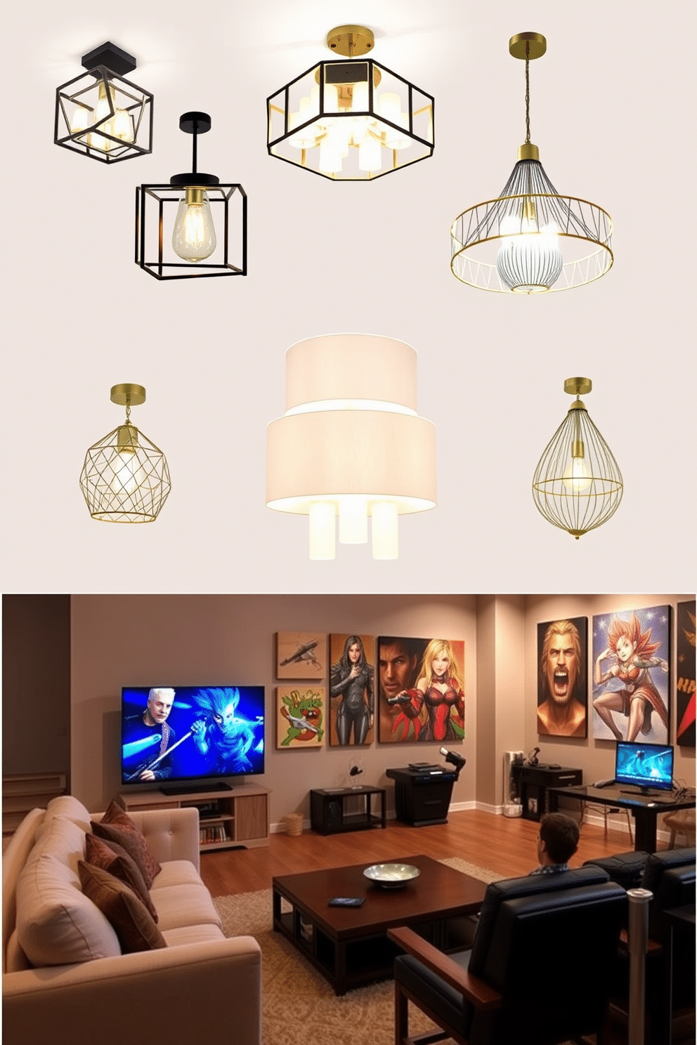 A collection of stylish lighting fixtures that serve as focal points in a modern living space. Each fixture features unique designs, such as geometric shapes and elegant chandeliers, casting warm, inviting light throughout the room. A cozy game room designed for relaxation and entertainment. The space includes plush seating, a large sectional sofa, and a coffee table surrounded by vibrant wall art and a game console setup, creating an inviting atmosphere for friends and family.