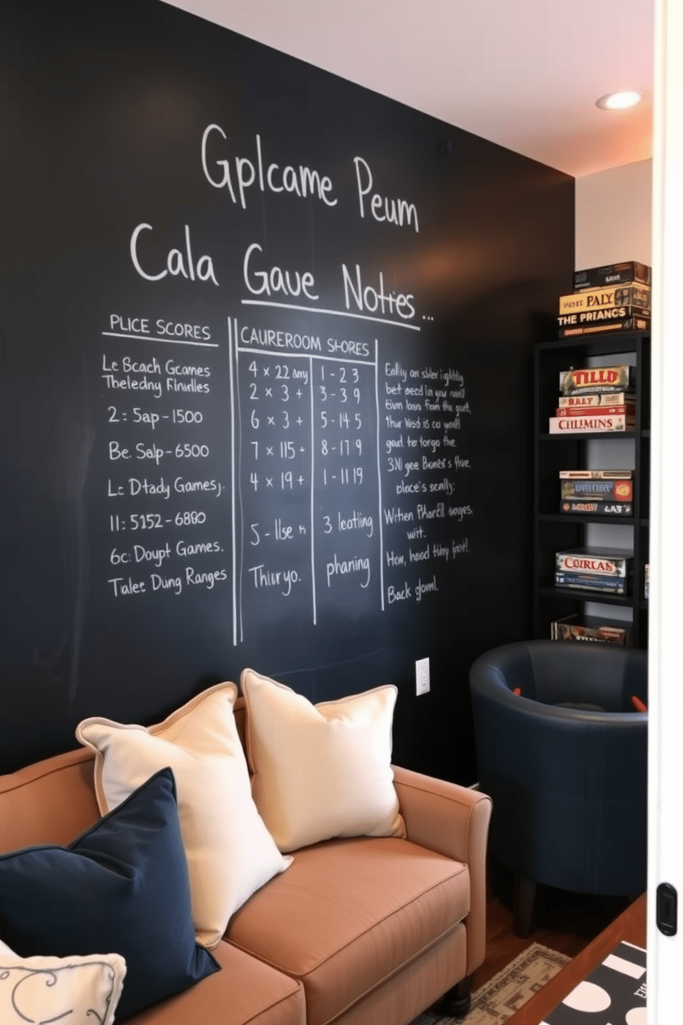 A cozy game room featuring a chalkboard wall for game scores and notes, providing a fun and interactive element. The space is adorned with plush seating, warm lighting, and a selection of board games displayed on shelves, creating an inviting atmosphere for friends and family.