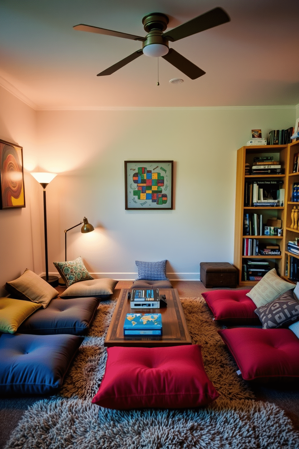 A cozy game room featuring floor cushions scattered around a low wooden coffee table, creating an inviting atmosphere for relaxation and play. The walls are adorned with vibrant artwork, and soft lighting from stylish floor lamps adds warmth to the space. In one corner, a plush area rug anchors the seating area, while shelves filled with board games and books invite spontaneous gatherings. The overall design combines comfort and fun, making it the perfect retreat for friends and family.