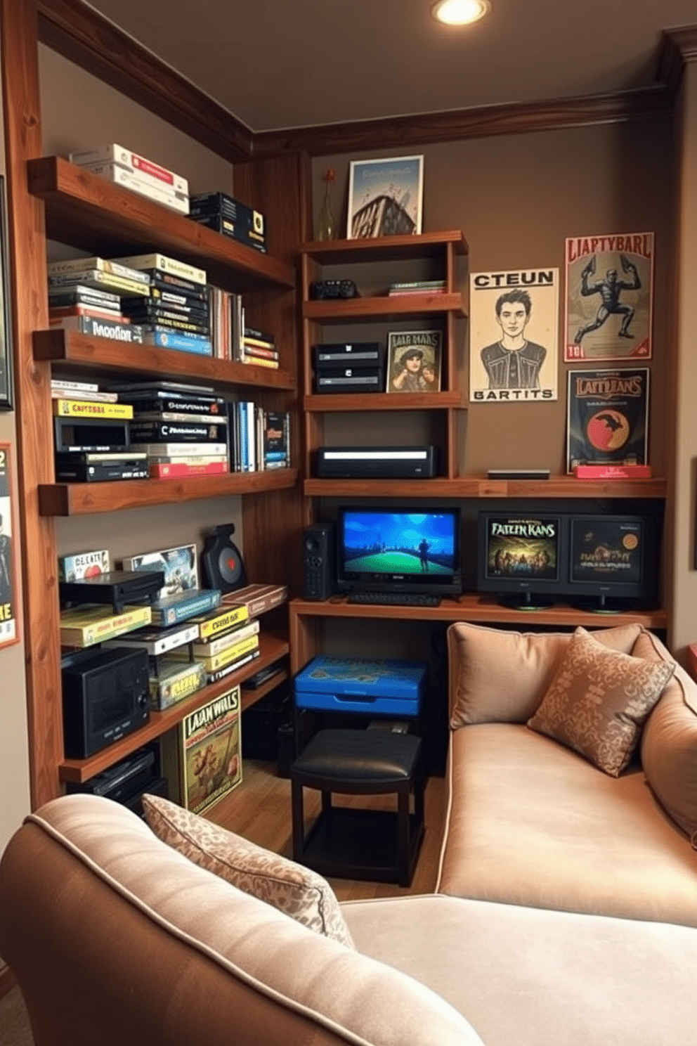 A cozy game room featuring rustic wooden shelves that hold an array of board games and gaming consoles. The walls are adorned with vintage posters, and a plush sectional sofa invites relaxation, complemented by a warm, earthy color palette.