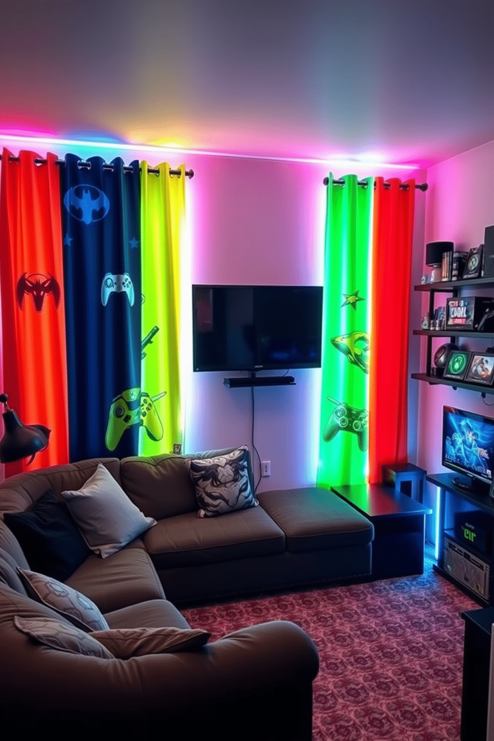 A cozy game room featuring themed curtains that enhance the gaming atmosphere, with vibrant colors and graphics inspired by popular video games. The space includes a plush sectional sofa, a large gaming monitor mounted on the wall, and shelves filled with gaming memorabilia, creating an inviting and immersive environment.