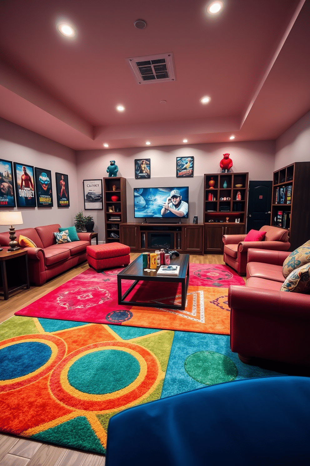 A vibrant game room filled with colorful area rugs that enhance the coziness of the space. The rugs feature geometric patterns in bright hues, complementing plush seating and a large entertainment center. The walls are adorned with framed gaming posters and soft lighting creates a warm ambiance. A coffee table in the center holds snacks and drinks, inviting friends to gather and enjoy their favorite games together.