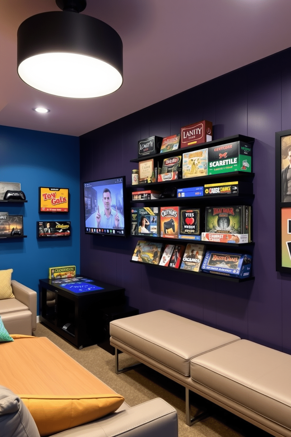 A modern game room featuring a wall-mounted game display that showcases a variety of board games and gaming consoles for easy access. The room is designed with comfortable seating, ambient lighting, and vibrant wall colors to create a cozy and inviting atmosphere.