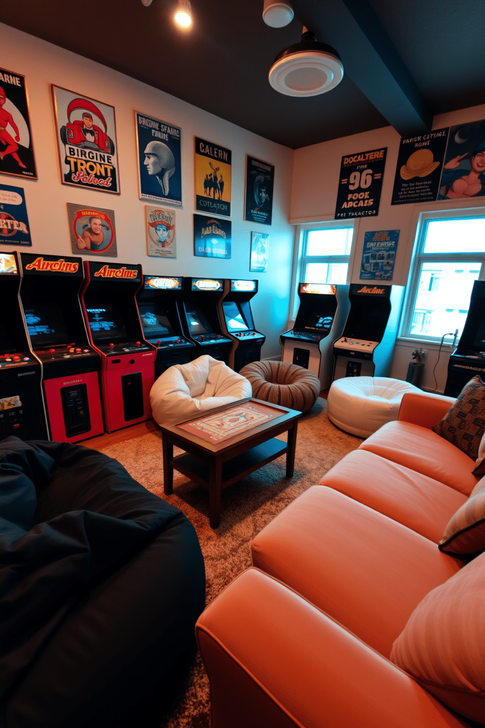 A cozy game room filled with vintage arcade machines creates a nostalgic atmosphere. The walls are adorned with retro posters, and soft ambient lighting enhances the warm, inviting feel of the space. Plush seating options, such as oversized bean bags and a sectional sofa, provide comfort for players and spectators alike. A wooden coffee table, topped with classic board games, sits at the center, inviting friendly competition and relaxation.