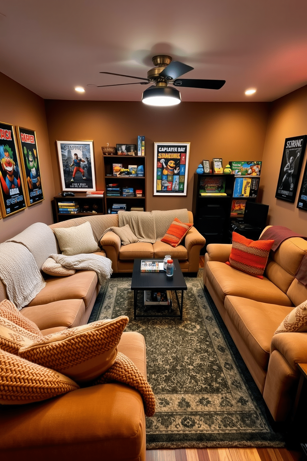 A cozy game room filled with inviting sofas adorned with soft, textured blankets in warm tones. The space features a large coffee table surrounded by plush seating, perfect for enjoying snacks and drinks during game nights. The walls are decorated with framed posters of classic video games, and ambient lighting creates a relaxed atmosphere. A stylish rug anchors the seating area, while shelves filled with board games and consoles add an element of fun and accessibility.