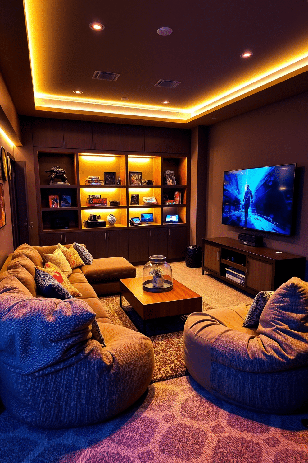 A cozy game room designed for relaxation and entertainment. The space features soft, ambient mood lighting created by LED strip lights that highlight the architectural details and enhance the warm color palette. Comfortable seating options include a plush sectional sofa and oversized bean bags, arranged around a central coffee table. A large flat-screen TV is mounted on the wall opposite the seating, with shelves displaying games and collectibles, creating an inviting atmosphere for friends and family.