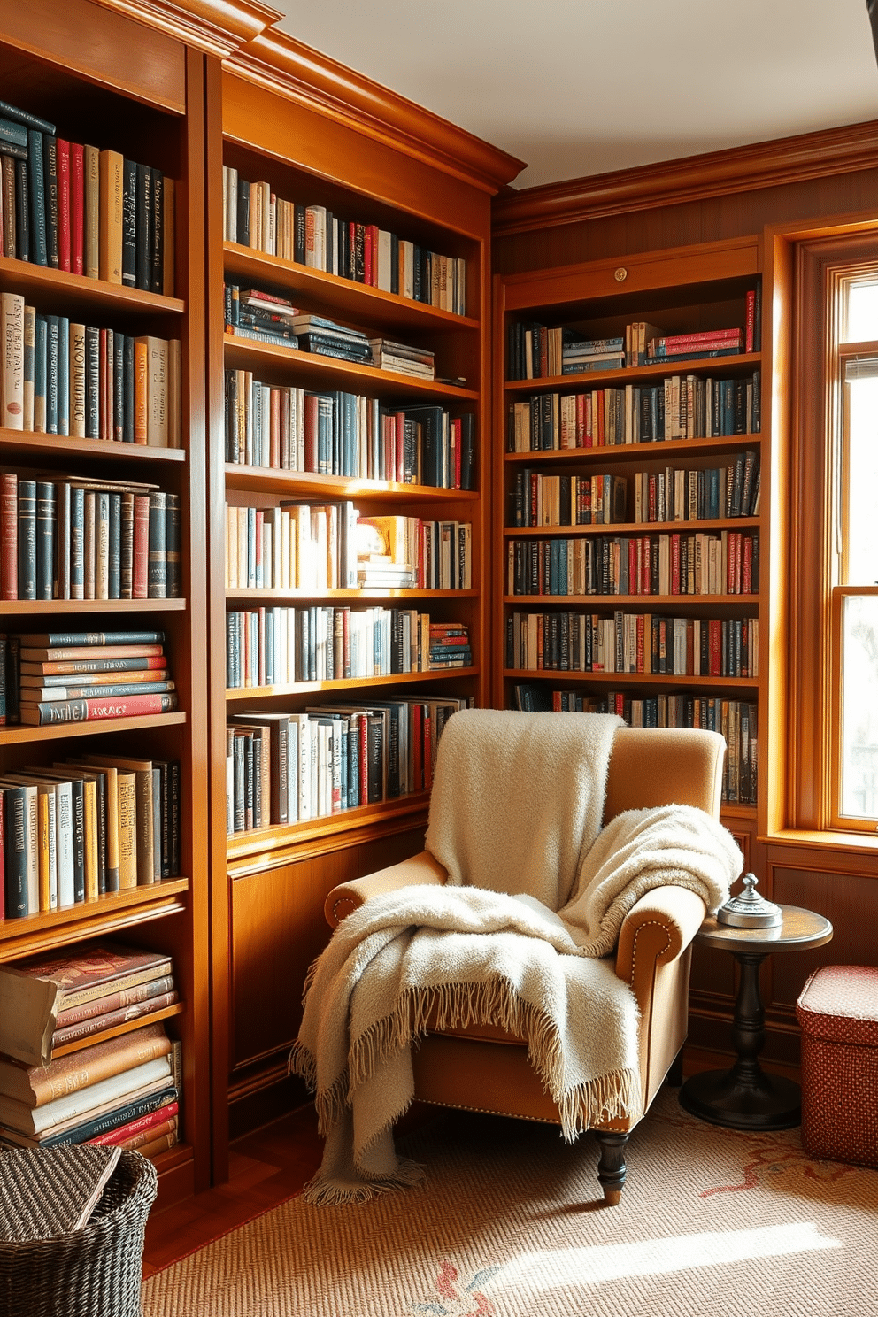 A cozy home library features warm wood shelves that are filled with an eclectic collection of books, creating an inviting atmosphere. A comfortable reading nook with a plush armchair and soft throw blankets is nestled in one corner, bathed in natural light from a nearby window.