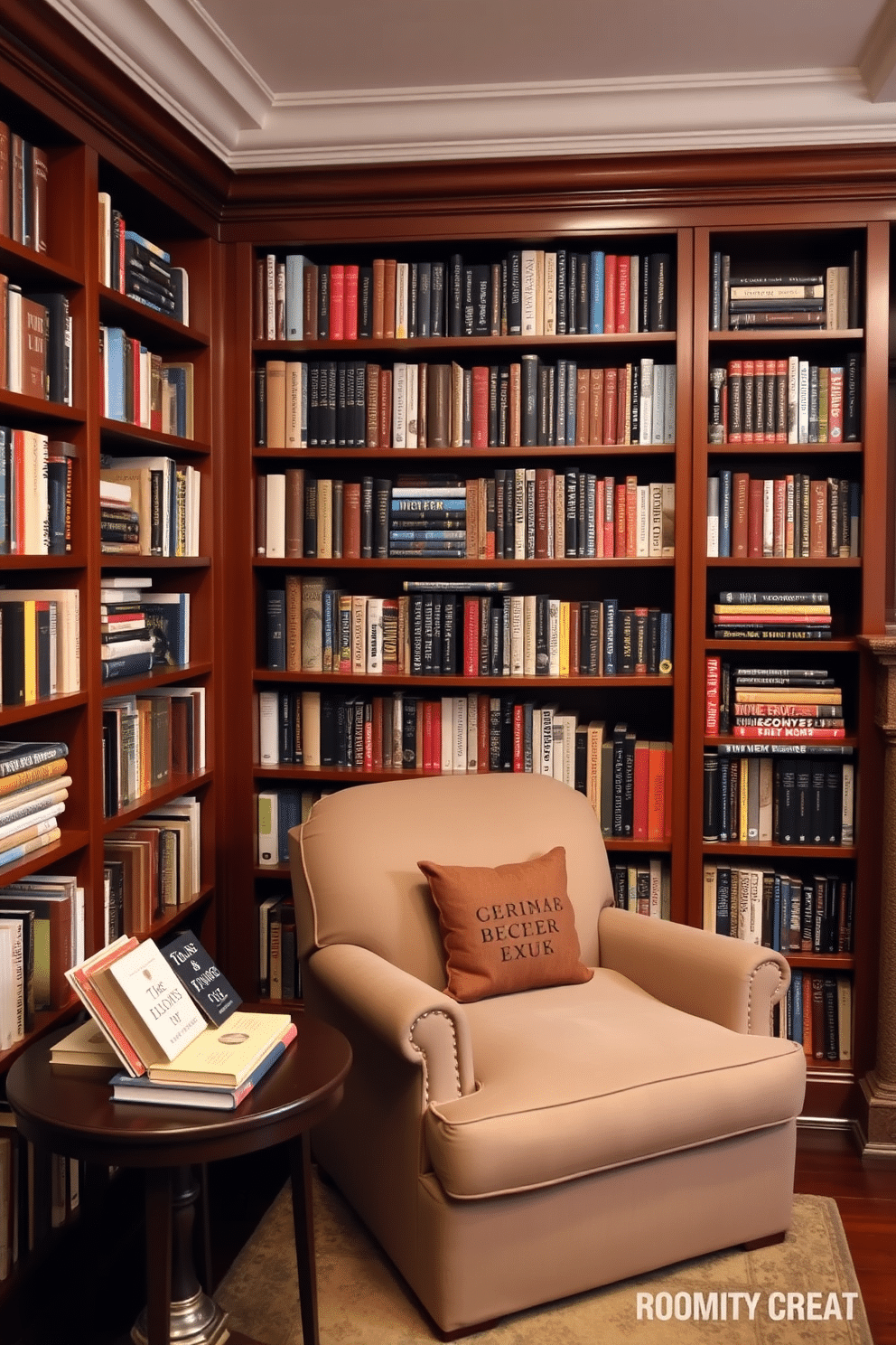 A cozy home library featuring personalized bookends that showcase favorite books. The walls are lined with rich wooden shelves filled with an eclectic mix of novels, while a plush armchair sits in the corner, inviting relaxation.