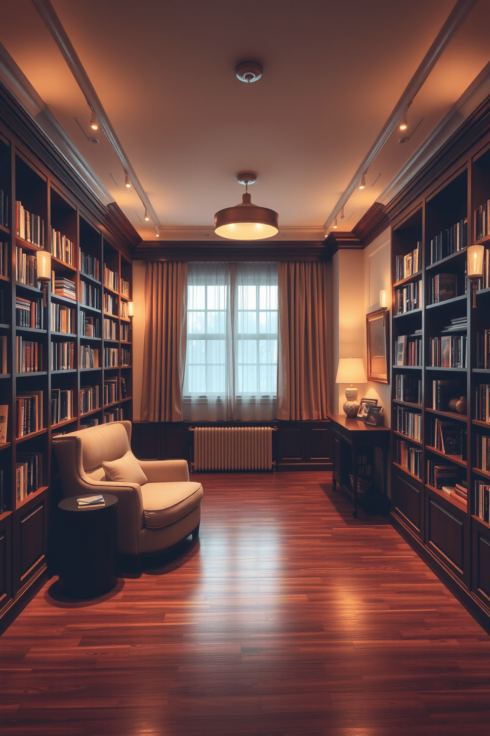 A cozy home library with soft, ambient lighting creates a serene atmosphere perfect for reading and relaxation. The room features built-in wooden bookshelves filled with a diverse collection of books, complemented by a plush armchair and a small side table for drinks. Warm, golden light fixtures illuminate the space, casting a gentle glow over the rich, dark wood flooring. A large window with sheer curtains allows natural light to filter in, enhancing the inviting ambiance of the library.