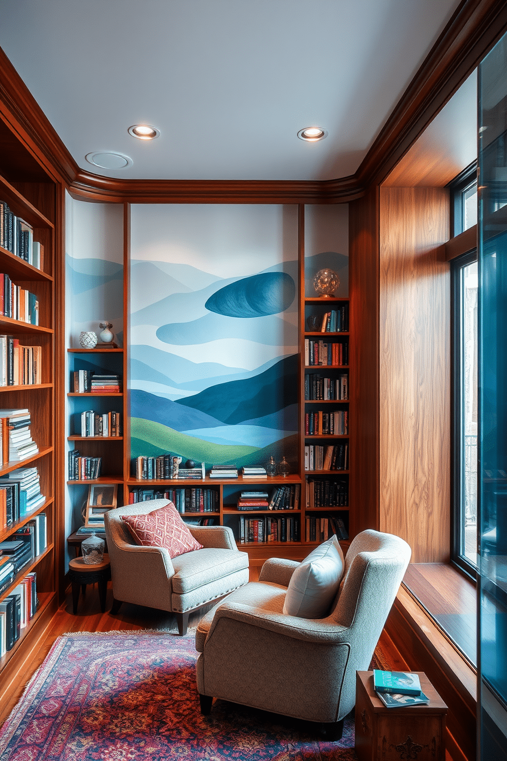 Artistic wall murals to inspire creativity. Imagine a vibrant mural depicting a serene landscape, with soft blues and greens blending seamlessly together, creating a calming effect. The mural features abstract shapes and flowing lines, inviting the viewer to explore their imagination and creativity. Cozy Home Library Design Ideas. Picture a warm, inviting space filled with rich wooden bookshelves that stretch from floor to ceiling, adorned with a mix of books and decorative objects. A plush reading nook, complete with a comfortable armchair and soft lighting, encourages relaxation and immersion in literature.