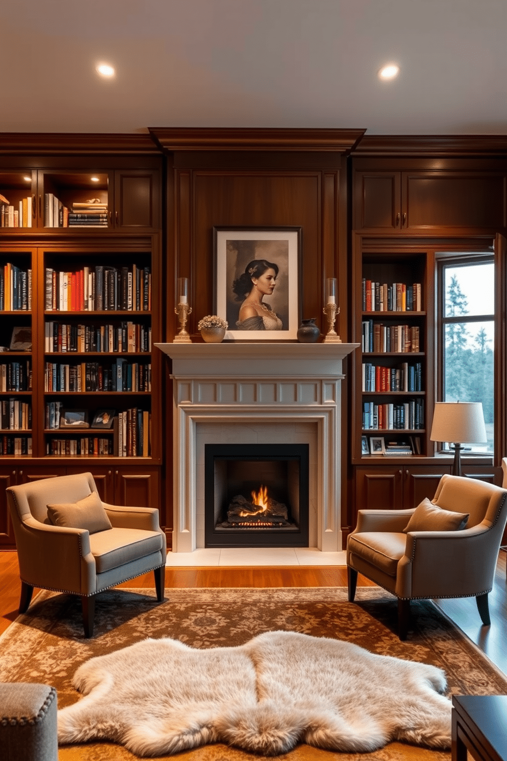 A stylish fireplace serves as the focal point of the living room, framed by elegant built-in bookshelves filled with a curated selection of books. The mantel is adorned with tasteful decor, and a plush area rug lies in front, inviting relaxation and warmth. The cozy home library features rich wooden paneling and a comfortable reading nook with oversized armchairs. Soft, ambient lighting highlights the shelves, while large windows provide natural light and views of the surrounding landscape.