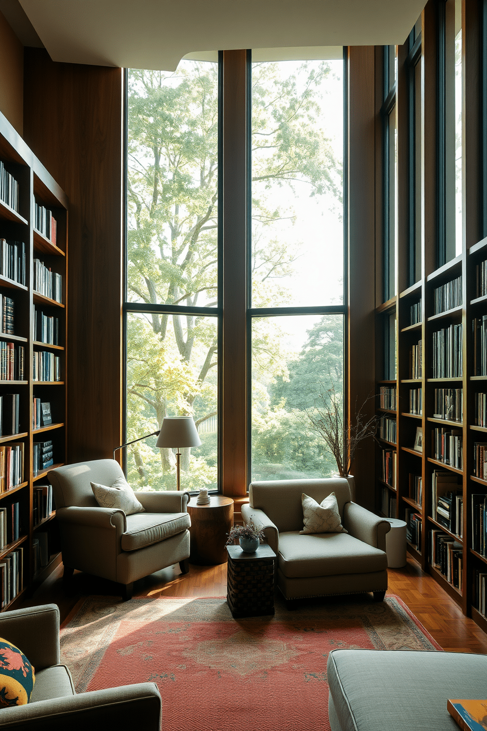 A cozy home library features floor-to-ceiling windows that allow natural light to flood the space, illuminating the rich wooden shelves lined with books. Plush seating, including a deep armchair and a small sofa, invites relaxation, while a warm area rug adds texture and comfort underfoot.