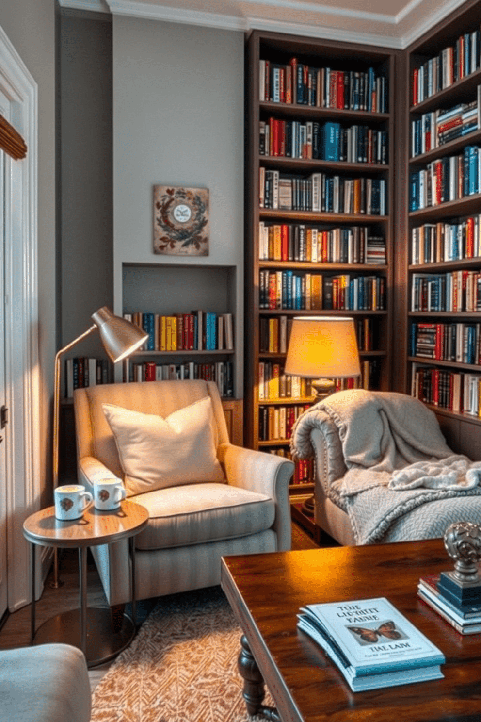 A serene reading nook tucked in a corner, featuring a plush armchair upholstered in soft, textured fabric. A small side table beside the chair holds a steaming cup of tea and a stack of well-loved books, while a warm floor lamp casts a gentle glow over the space. Cozy home library design ideas that include built-in bookshelves lined with an array of colorful books, creating a visually appealing backdrop. A comfortable chaise lounge invites relaxation, surrounded by soft throw blankets and a rich, wooden coffee table to hold reading materials and decorative items.