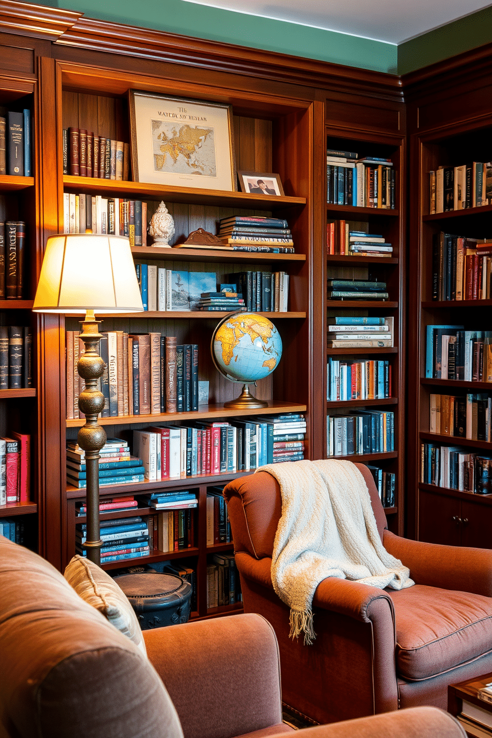 A decorative globe sits atop a rustic wooden bookshelf, surrounded by an array of travel books and vintage postcards. Warm lighting from a nearby floor lamp casts a soft glow, enhancing the inviting atmosphere of the space. The cozy home library features plush seating with oversized armchairs and a soft throw blanket draped over one. Rich mahogany bookshelves line the walls, filled with an eclectic mix of novels and decorative items, creating a perfect retreat for reading and relaxation.