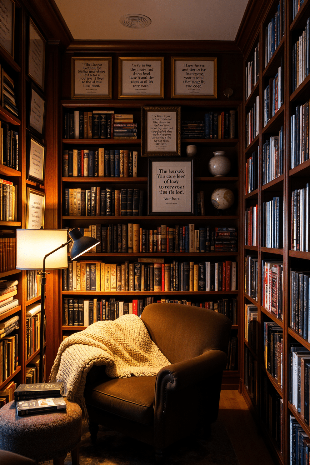 A cozy home library featuring walls adorned with framed literary quotes in elegant frames. The room is filled with rich wooden bookshelves that reach the ceiling, showcasing a diverse collection of books alongside decorative items. A plush reading nook is nestled in one corner, complete with a deep armchair and a soft throw blanket. Warm lighting from a stylish floor lamp creates an inviting atmosphere, perfect for curling up with a good book.