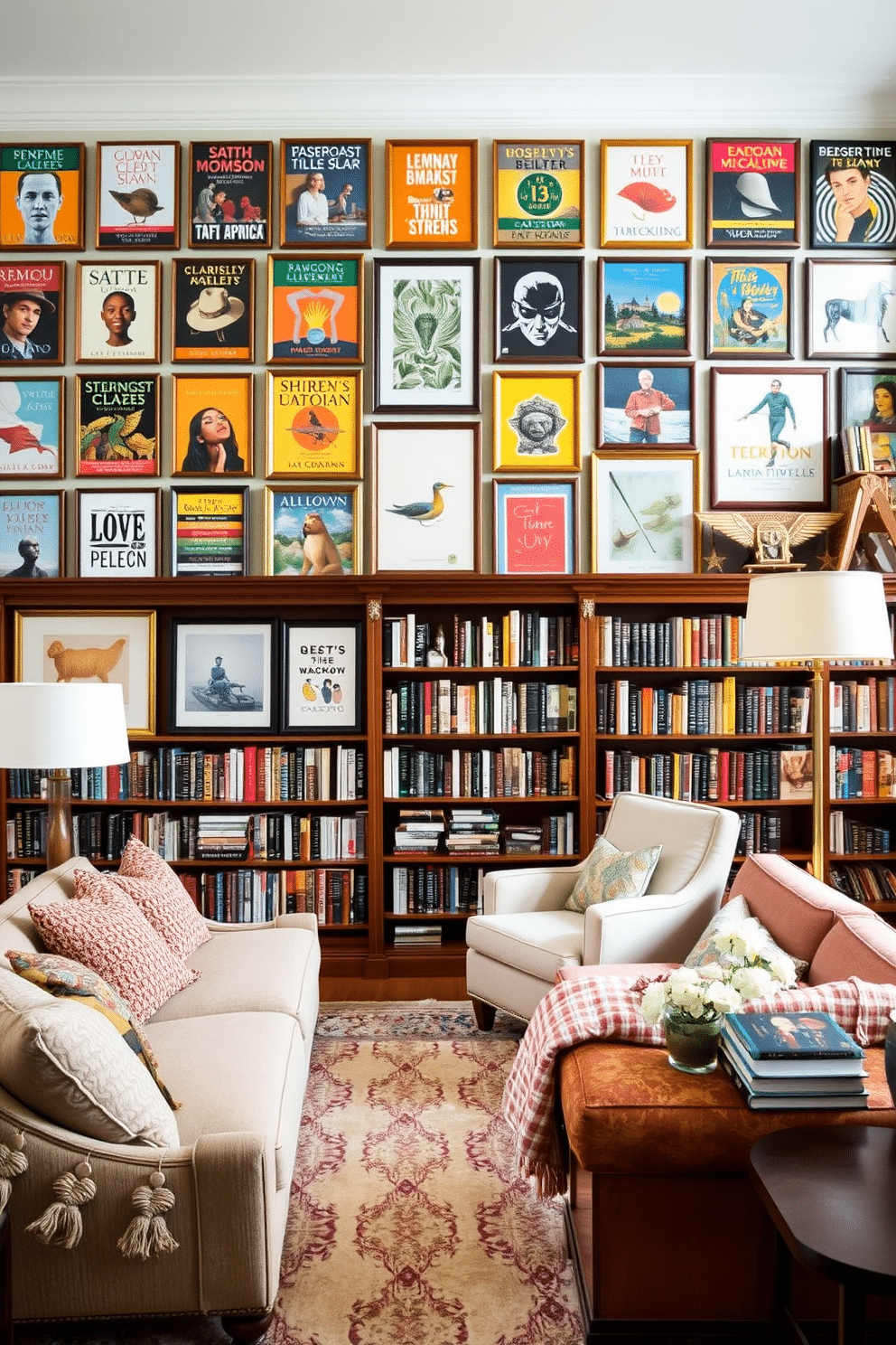 A gallery wall features an eclectic mix of book covers and framed art, showcasing vibrant colors and diverse styles. The arrangement is both visually striking and inviting, drawing the eye to the carefully curated selection of literature and artwork. The cozy home library is designed with plush seating, warm lighting, and rich wooden bookshelves filled with books. Soft textiles, such as a thick area rug and comfortable throw blankets, create an inviting atmosphere perfect for reading and relaxation.