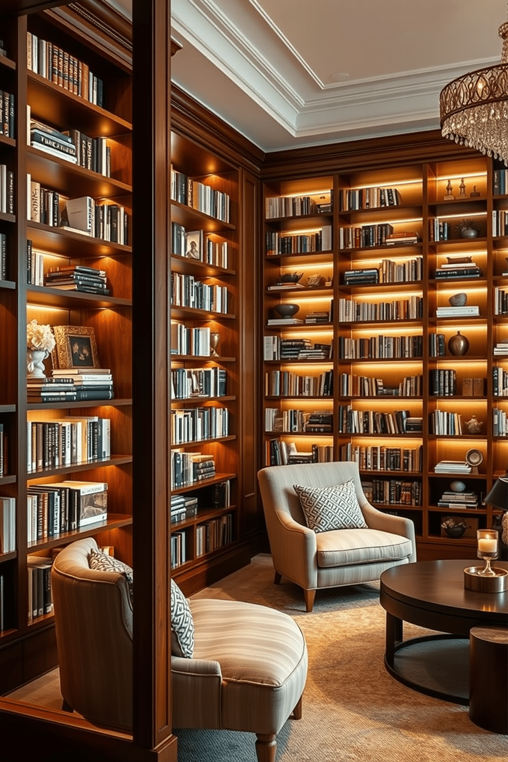 A stylish home library features elegant bookshelf dividers that create distinct zones for reading and relaxation. The dividers are crafted from rich wood, showcasing an array of books and decorative items, while plush seating areas invite comfort and inspiration. Incorporating warm lighting and soft textiles enhances the cozy atmosphere of the library. A combination of floor-to-ceiling shelves and smaller accent pieces provides both organization and visual interest, making the space inviting and functional.