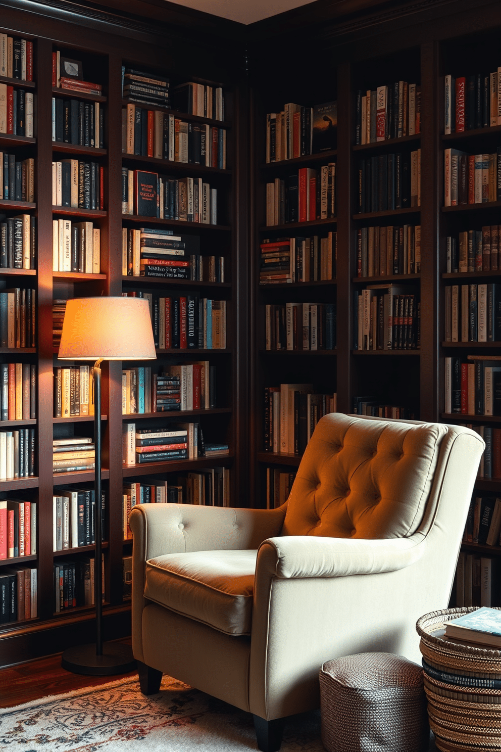 A plush armchair is positioned in a cozy corner of the home library, accompanied by a stylish reading lamp that casts a warm glow. The walls are lined with dark wooden bookshelves filled with an eclectic collection of books, while a soft area rug adds comfort underfoot.