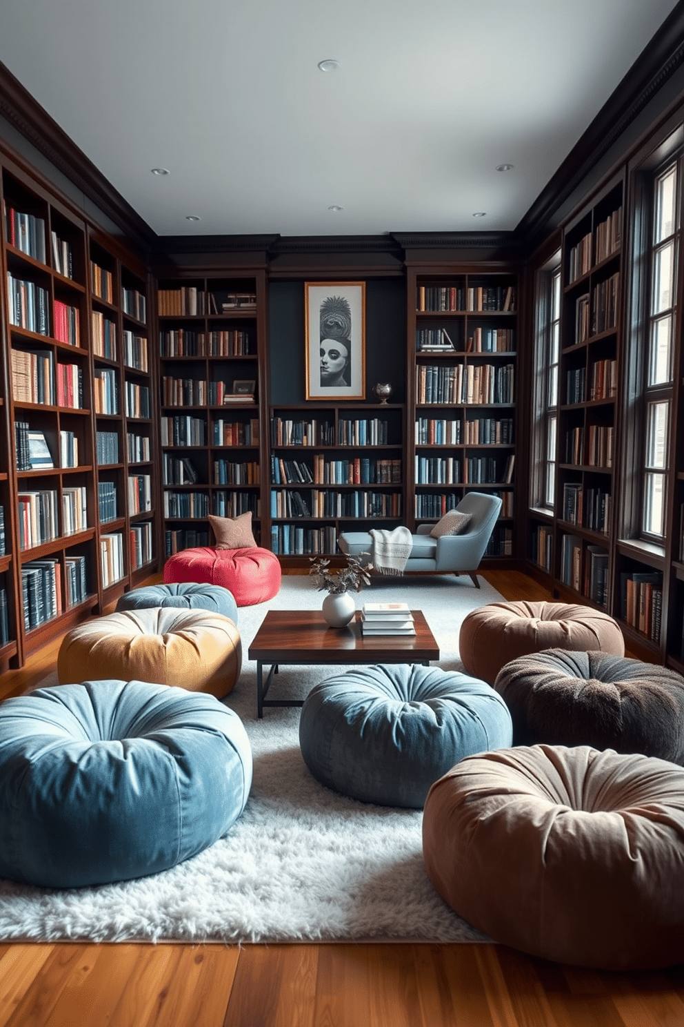 A cozy home library featuring plush, oversized poufs in various colors and textures, arranged around a low wooden coffee table. The walls are lined with dark wood bookshelves filled with books, and a large window allows natural light to filter in, illuminating the space. The library includes a soft area rug that adds warmth underfoot, while a few art pieces hang above the shelves, enhancing the inviting atmosphere. A comfortable reading nook with a chaise lounge is positioned in the corner, creating the perfect spot for relaxation and enjoyment of literature.