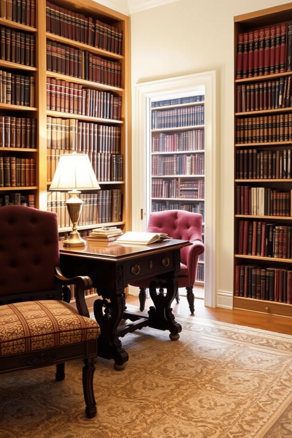 A vintage desk made of dark mahogany with intricate carvings sits against a wall lined with bookshelves filled with leather-bound volumes. A comfortable, tufted armchair in rich burgundy is positioned nearby, inviting you to sit and read in the warm glow of a brass desk lamp. The walls are painted in a soft cream color, complementing the deep wood tones of the furniture. A plush area rug with a classic pattern lies underfoot, adding warmth and texture to the cozy atmosphere of the home library.