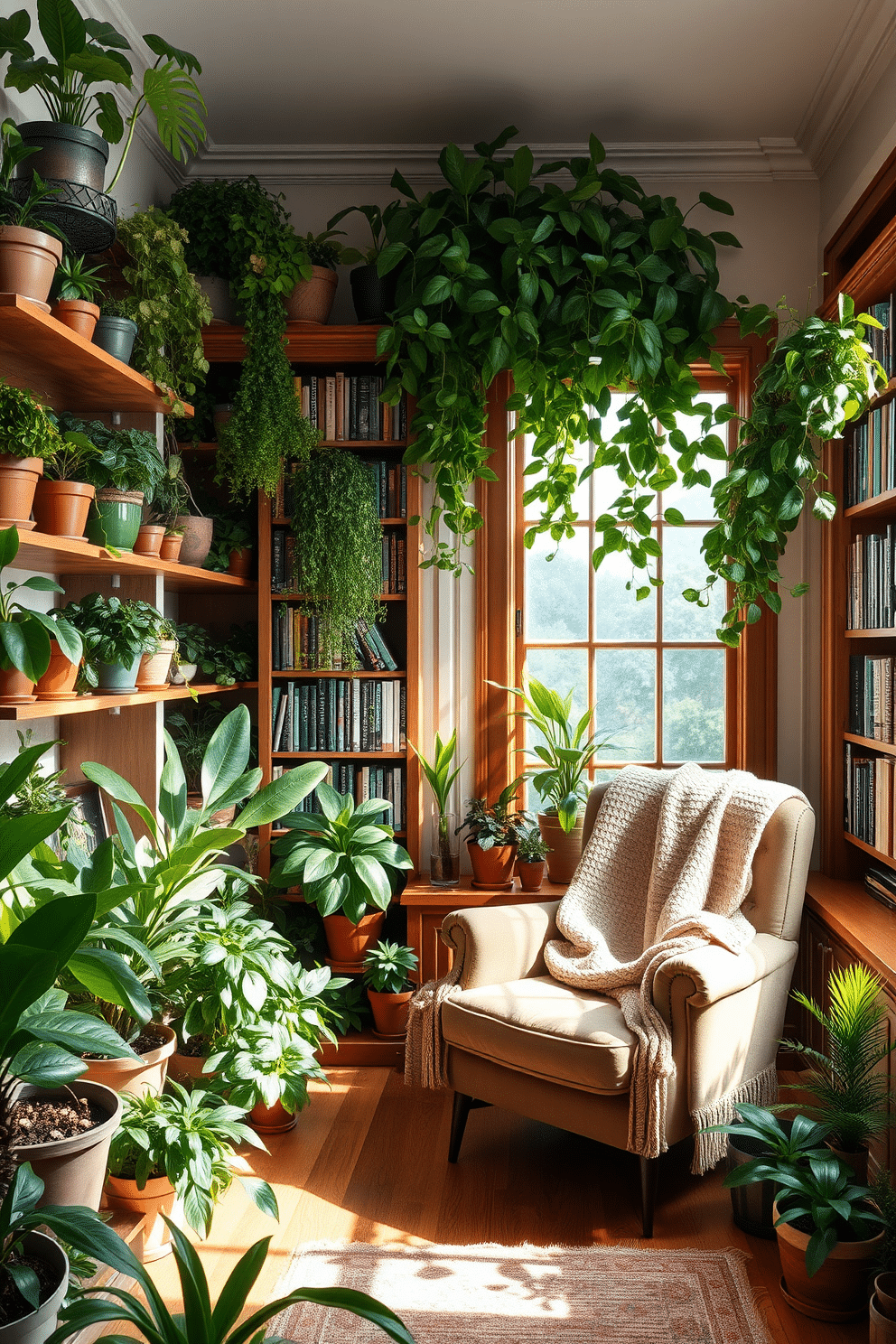 A serene indoor garden filled with lush greenery. Various potted plants in different sizes are arranged on wooden shelves and the floor, creating a vibrant and refreshing atmosphere. A cozy home library featuring built-in bookshelves lined with a diverse collection of books. A plush armchair is positioned near a large window, bathed in natural light, with a warm throw blanket draped over it for added comfort.