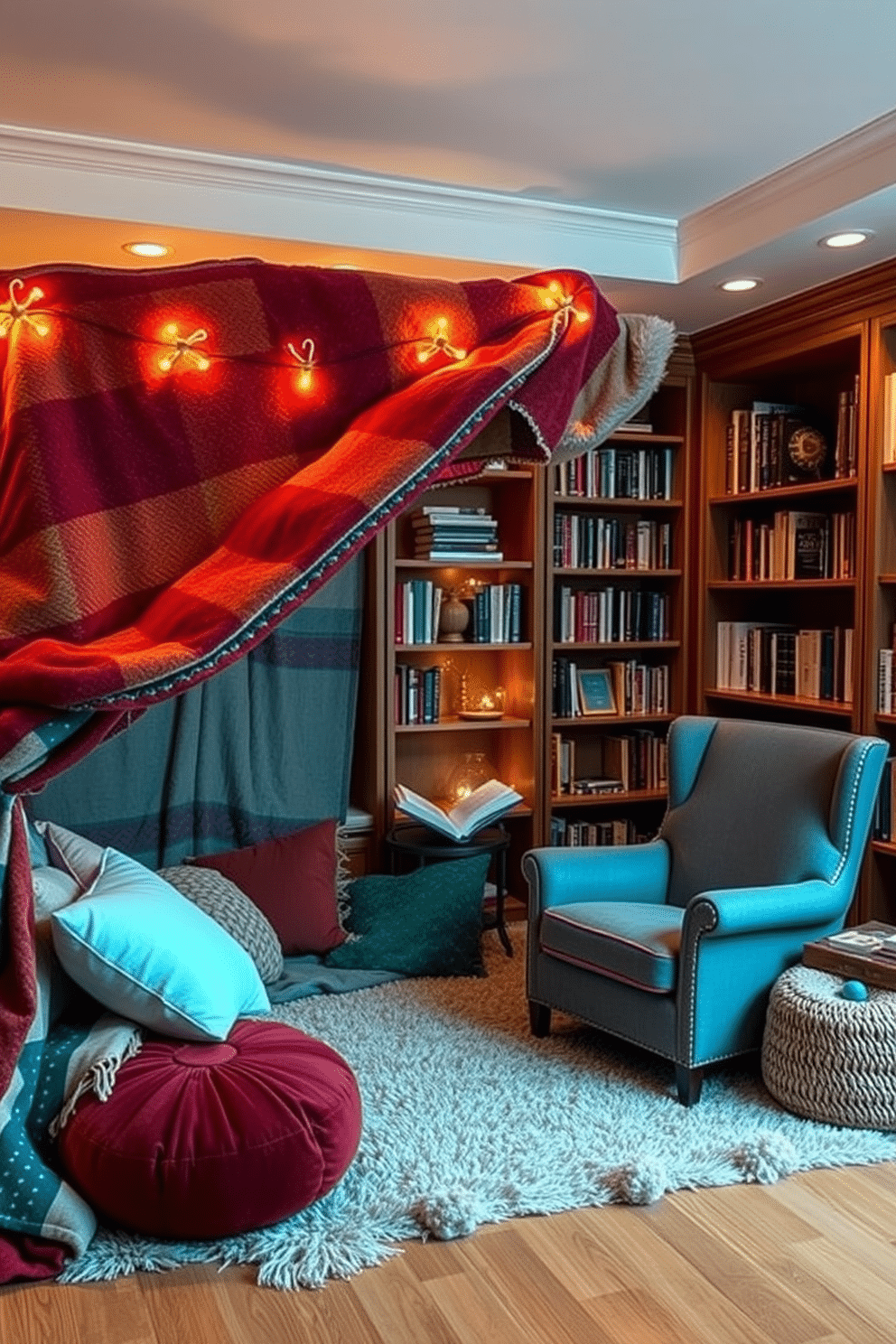 A cozy blanket fort for kids' reading. The fort is constructed from colorful blankets and cushions, creating a safe and inviting space filled with soft pillows and fairy lights. Cozy home library design ideas. The library features built-in wooden shelves filled with books, a comfortable reading nook with an oversized armchair, and warm ambient lighting that enhances the inviting atmosphere.