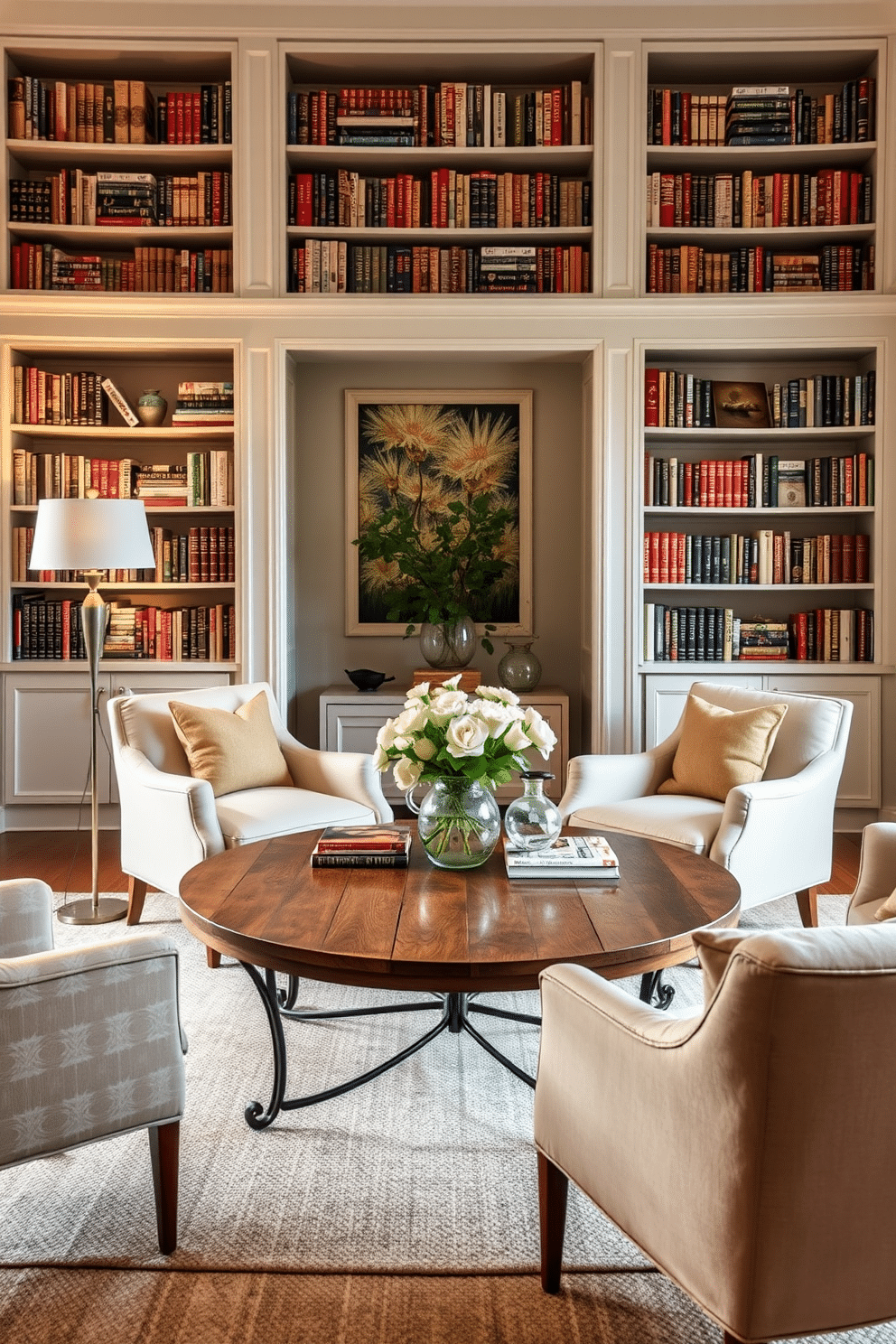 A charming coffee table for gatherings. The table is round with a rustic wooden top and elegant metal legs, surrounded by plush upholstered chairs in soft, inviting colors. Cozy home library design ideas. The library features built-in bookshelves filled with books, a comfortable reading nook with a large armchair, and warm ambient lighting from a stylish floor lamp.