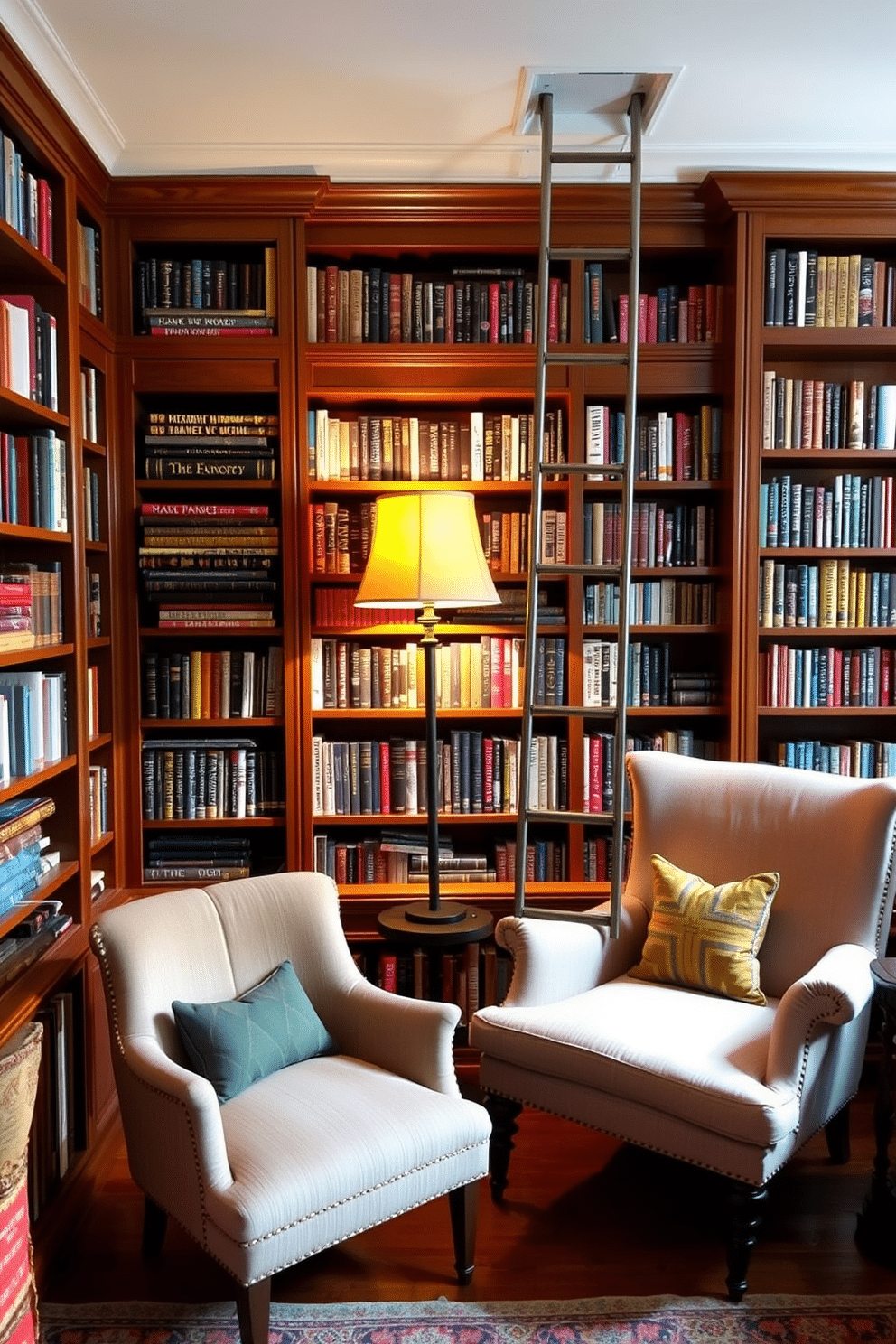 A cozy home library featuring a personal ladder for easy access to high shelves. The space is adorned with rich wooden bookshelves filled with colorful books, and a plush armchair sits invitingly in the corner, complemented by a warm reading lamp.