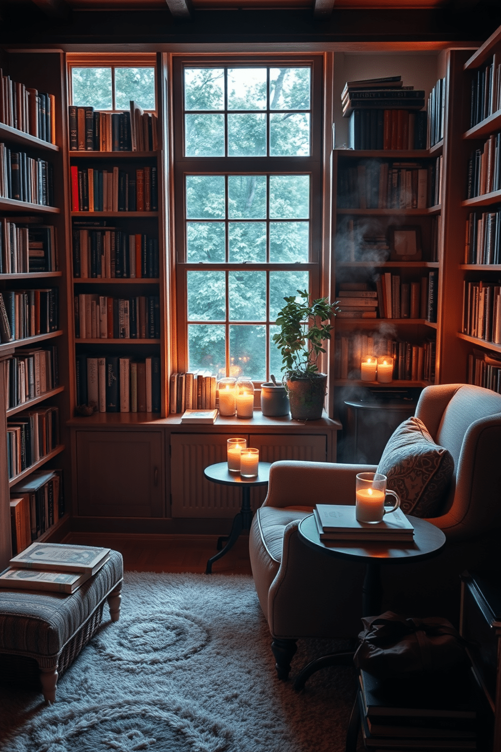 A cozy home library filled with warm, ambient lighting. Shelves lined with books in various colors create an inviting atmosphere, while a plush armchair sits in the corner next to a small side table holding a stack of books and a steaming cup of tea. Scented candles flicker softly on the windowsill, infusing the space with a soothing aroma. A soft area rug lies underfoot, complementing the rich wood tones of the furniture and enhancing the overall warmth of the room.