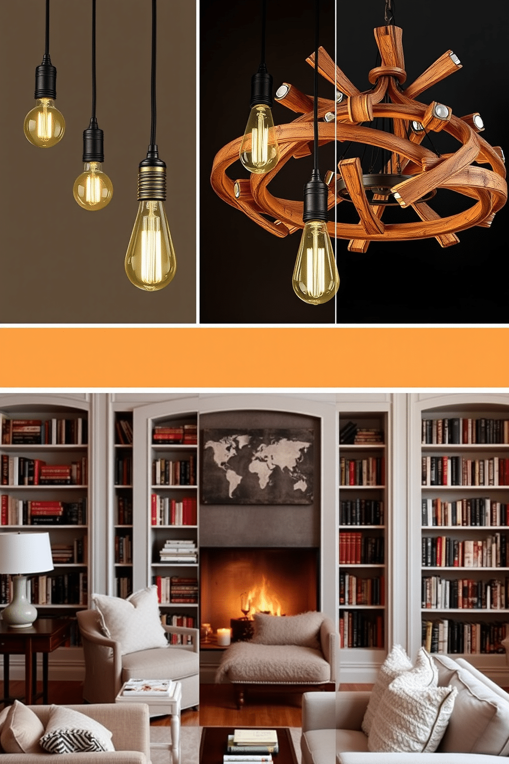 A collection of unique light fixtures that add character to any space. The designs include a mix of industrial and vintage styles, featuring pendant lights with exposed bulbs and intricate chandeliers made of reclaimed wood. A cozy home library designed for comfort and inspiration. The space features plush seating, warm lighting, and built-in bookshelves filled with a curated selection of books, all complemented by soft, inviting textures.