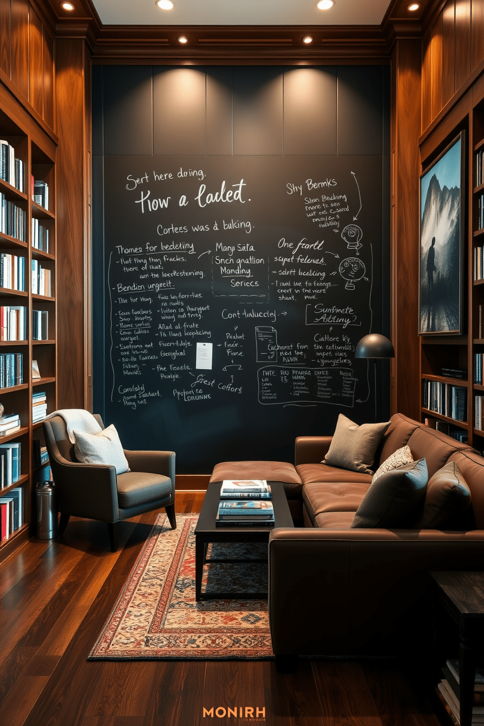 A chalkboard wall serves as a dynamic backdrop for notes and ideas, creating an interactive space that encourages creativity and organization. The wall is framed by warm wooden shelves filled with books, and a comfortable reading nook is positioned nearby, featuring a plush armchair and a soft throw blanket. The cozy home library is designed with rich, dark wood paneling that exudes warmth and sophistication. A large, inviting sectional sofa is centered around a stylish coffee table, while strategically placed lighting highlights the collection of books and artwork adorning the walls.