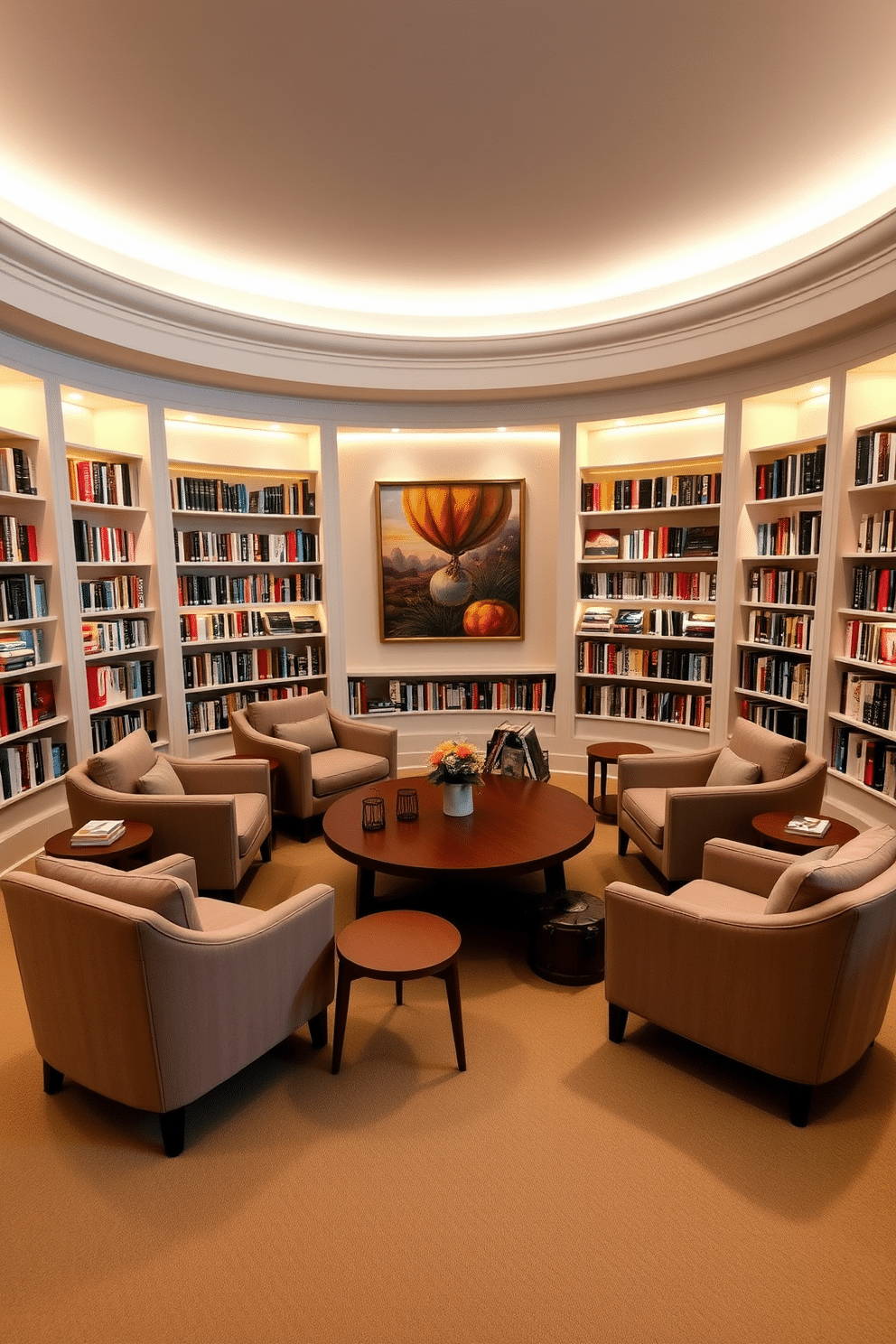 A dedicated space for book clubs featuring plush seating arranged in a circular layout, encouraging conversation and connection. The walls are lined with built-in bookshelves filled with a diverse collection of books, accented by warm ambient lighting. A large wooden table sits at the center, surrounded by comfortable armchairs, perfect for discussions over coffee and pastries. Soft, neutral tones dominate the color palette, complemented by vibrant artwork that inspires creativity and thought.