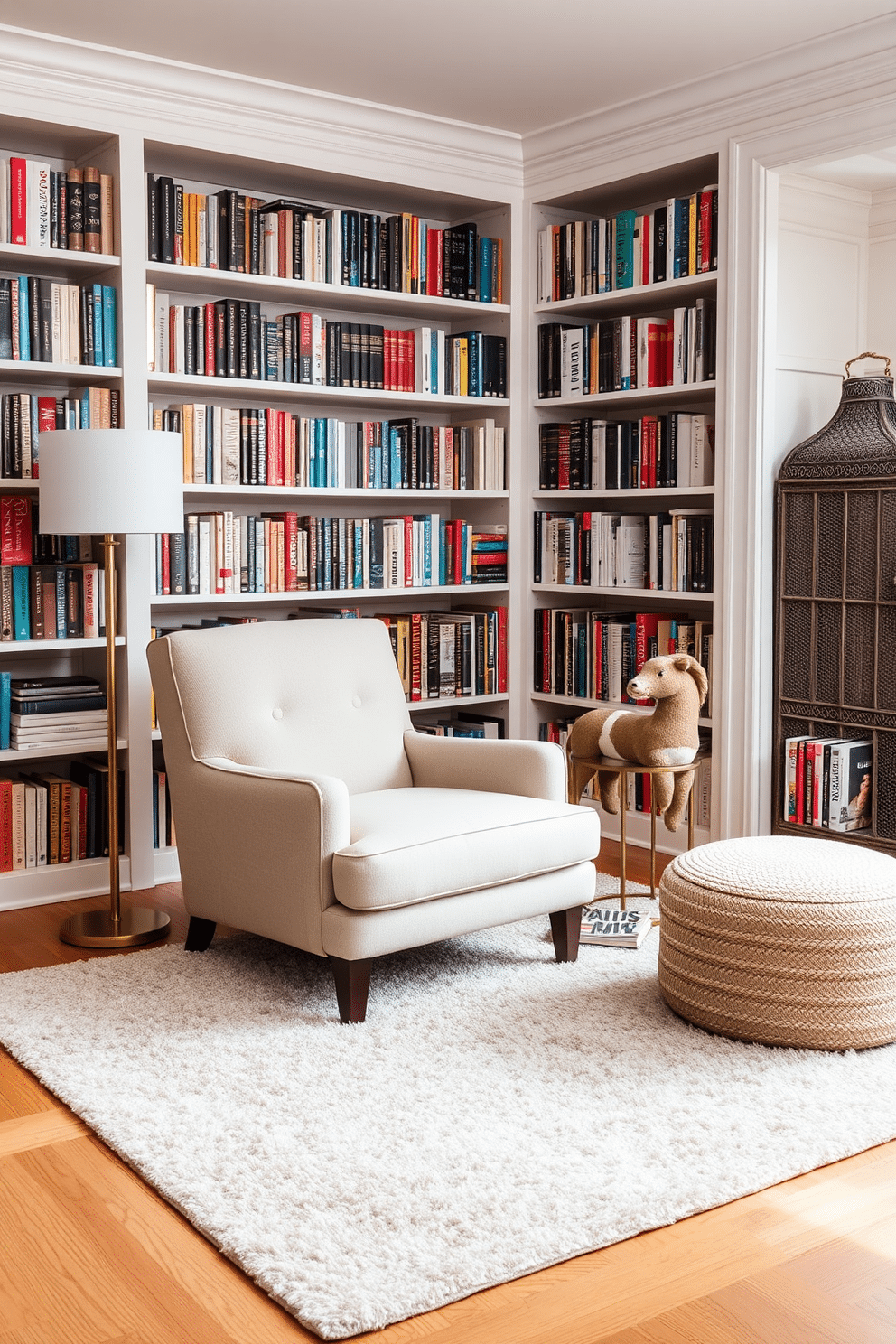 A cozy home library featuring a soft area rug that provides comfort underfoot. The space is adorned with floor-to-ceiling bookshelves filled with books, and a plush armchair sits invitingly next to a small side table.