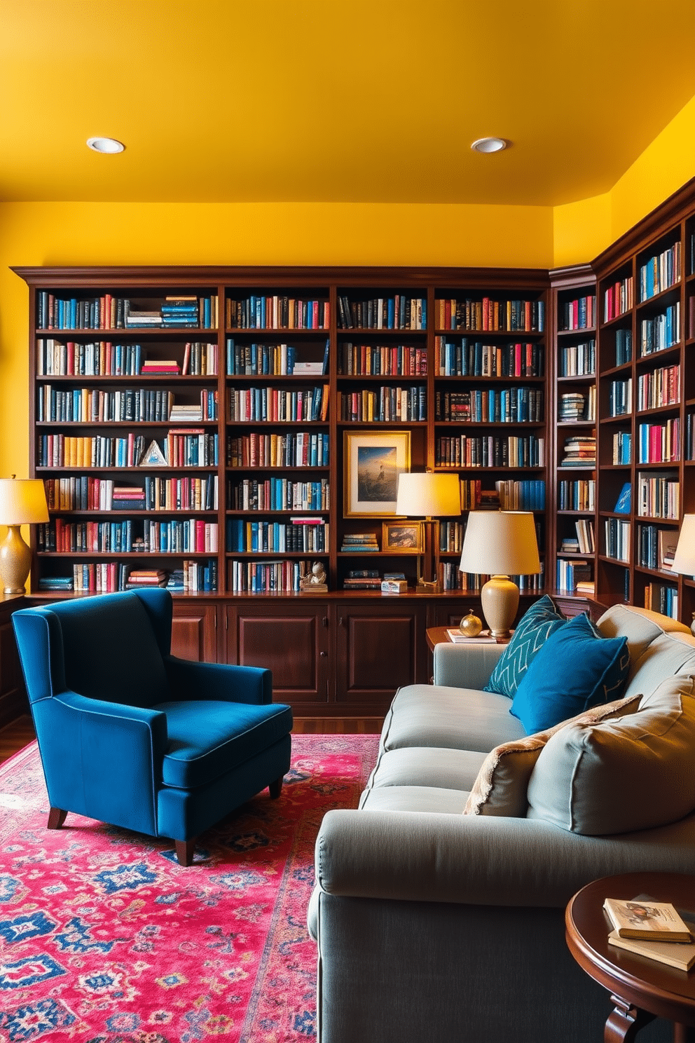 A cozy home library filled with mood-boosting colors. The walls are painted in a warm, inviting yellow, complemented by rich, dark wood bookshelves that reach the ceiling. Plush seating options, such as a deep blue velvet armchair and a soft, oversized sofa, create a welcoming atmosphere. A colorful area rug anchors the space, while warm lighting from stylish lamps enhances the inviting feel of the room.