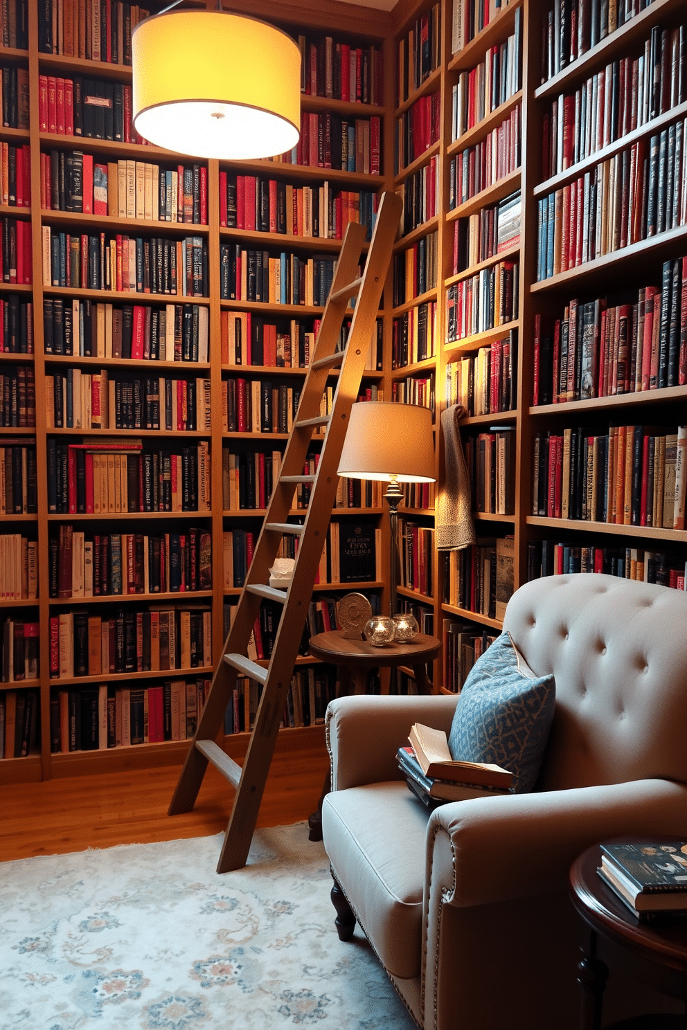 A vintage wooden ladder leans against a wall lined with floor-to-ceiling bookshelves filled with an array of colorful books. A plush, oversized armchair is nestled in the corner, inviting readers to settle in with a good book, while a soft area rug adds warmth to the space. The library features warm, ambient lighting from a stylish floor lamp, casting a golden glow over the reading nook. Decorative bookends and personal mementos are thoughtfully arranged on the shelves, adding character and charm to the cozy atmosphere.