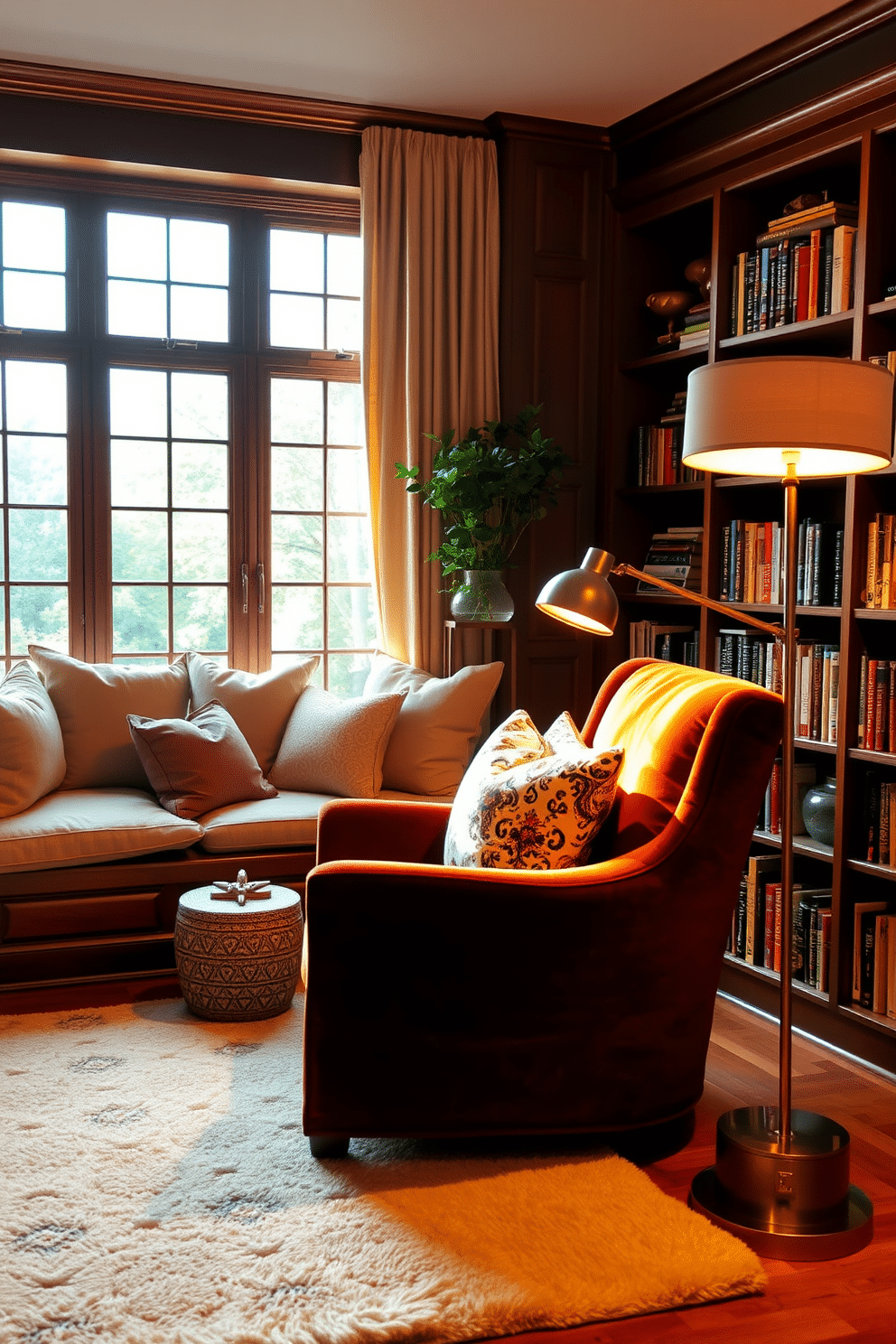 Cozy window seat with cushions. The window seat is framed by large, soft pillows in various textures, creating an inviting nook for relaxation. Warm, natural light pours in through the window, illuminating the space, while a small bookshelf nearby is filled with an eclectic mix of novels and decorative items. Cozy home library design ideas. The library features rich wooden shelves lined with books, complemented by a plush, oversized armchair in a deep, inviting color. A soft area rug anchors the seating area, and warm lighting from a stylish floor lamp casts a gentle glow, making it the perfect retreat for reading and reflection.