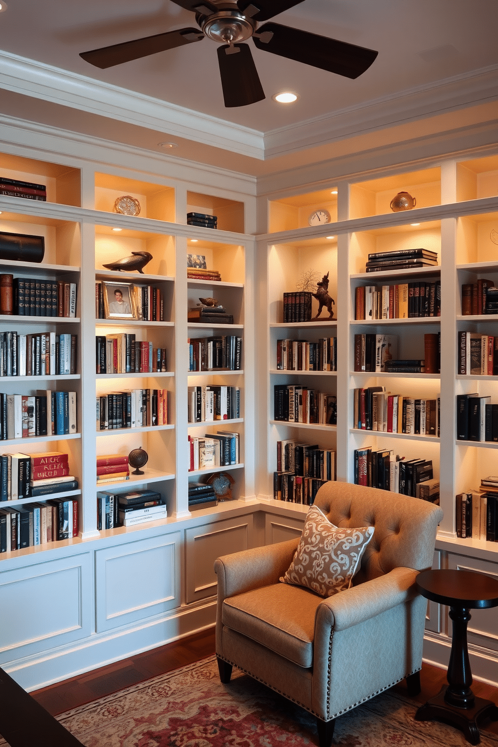 A cozy home library featuring built-in bookcases that stretch from floor to ceiling, showcasing an array of books and decorative items. Hidden lighting illuminates the shelves, creating a warm and inviting atmosphere, while a plush reading chair sits in the corner beside a small wooden side table.