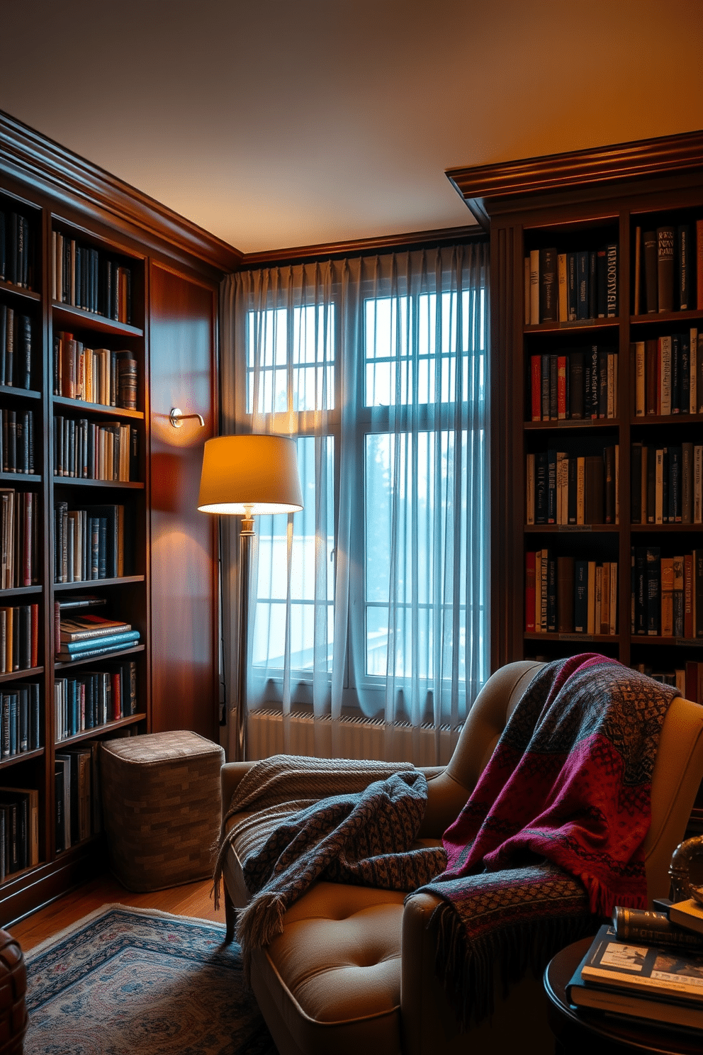 A cozy home library featuring rich wooden bookshelves filled with an array of books. Soft, colorful throw blankets are draped over a plush armchair, inviting you to curl up with a good read. The room is illuminated by warm, ambient lighting from a stylish floor lamp. A large window allows natural light to filter in, complemented by sheer curtains that add a touch of softness to the space.