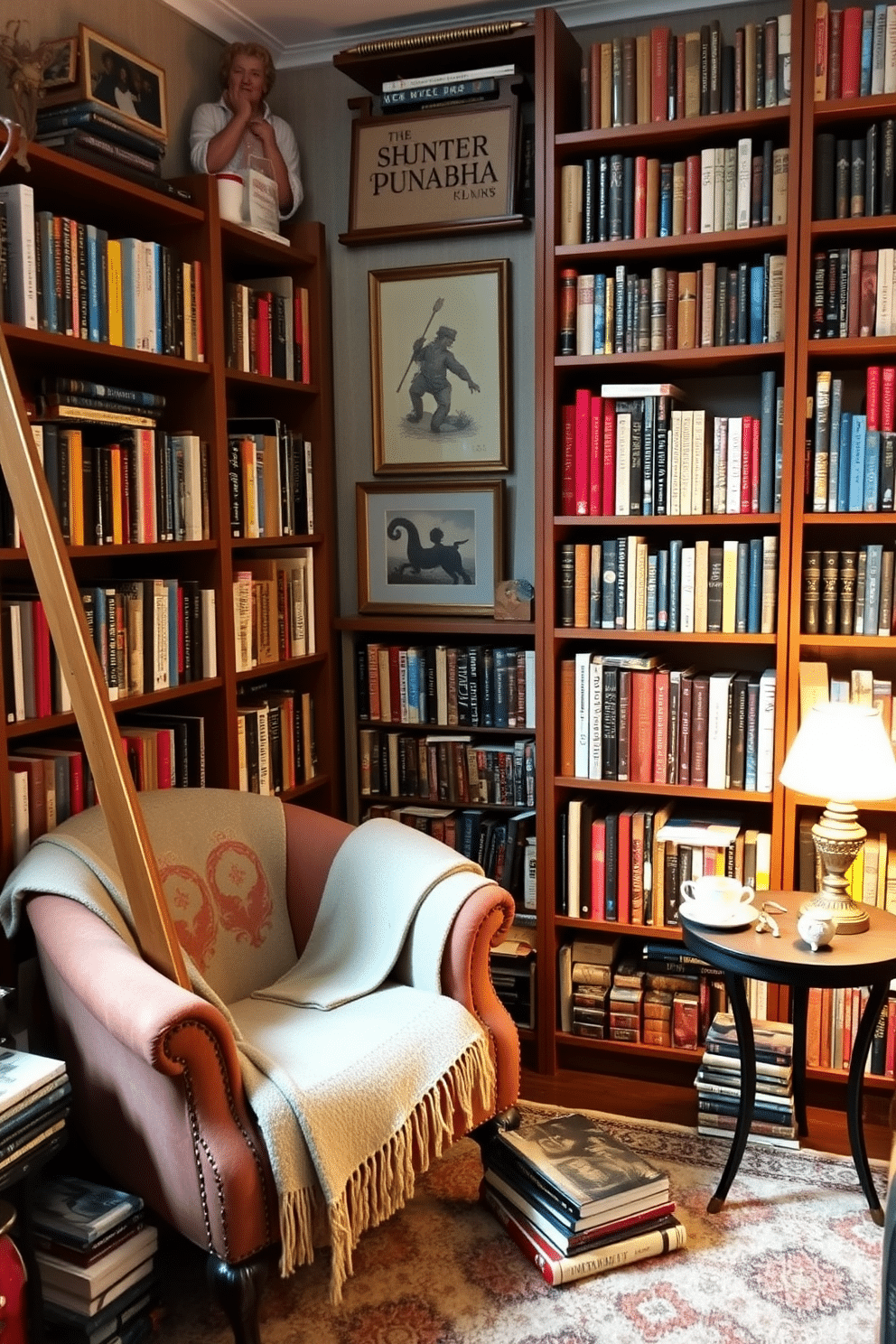 A cozy home library filled with an eclectic mix of decor and books. Shelves brimming with colorful spines line the walls, while a plush armchair sits in the corner, draped with a soft throw blanket. A vintage wooden ladder leans against the shelves, providing access to the higher books. A small side table holds a steaming cup of tea and a decorative lamp, casting a warm glow over the inviting space.