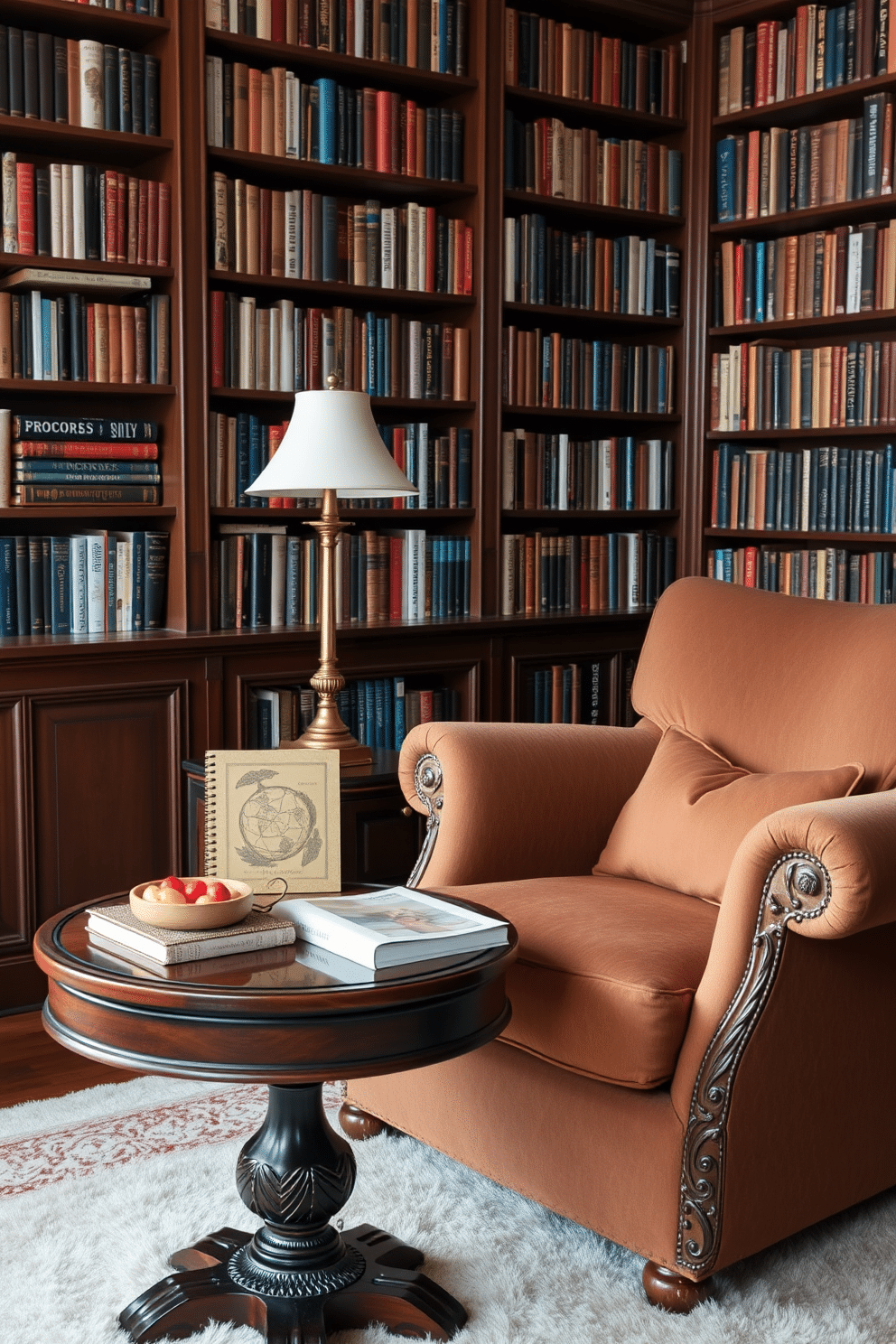 A small side table for drinks and snacks sits elegantly beside a plush armchair, crafted from rich mahogany with intricate carvings. The table is adorned with a stylish coaster, a vintage book, and a decorative bowl filled with fresh fruit, creating an inviting and functional space. The cozy home library features floor-to-ceiling bookshelves filled with an array of colorful books, complemented by a soft, oversized armchair in a warm fabric. A reading lamp with a brass finish illuminates the space, while a plush area rug adds warmth underfoot, inviting you to curl up with your favorite novel.