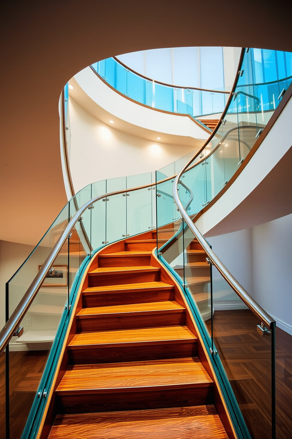 A stunning curved staircase featuring elegant glass railings that seamlessly blend with the warm wooden treads. The staircase is illuminated by soft, recessed lighting, highlighting the graceful curves and inviting flow of the design. The wooden treads are crafted from rich, dark oak, providing a striking contrast to the transparent glass panels. This design creates an open and airy feel, making the staircase a captivating focal point in the entryway.