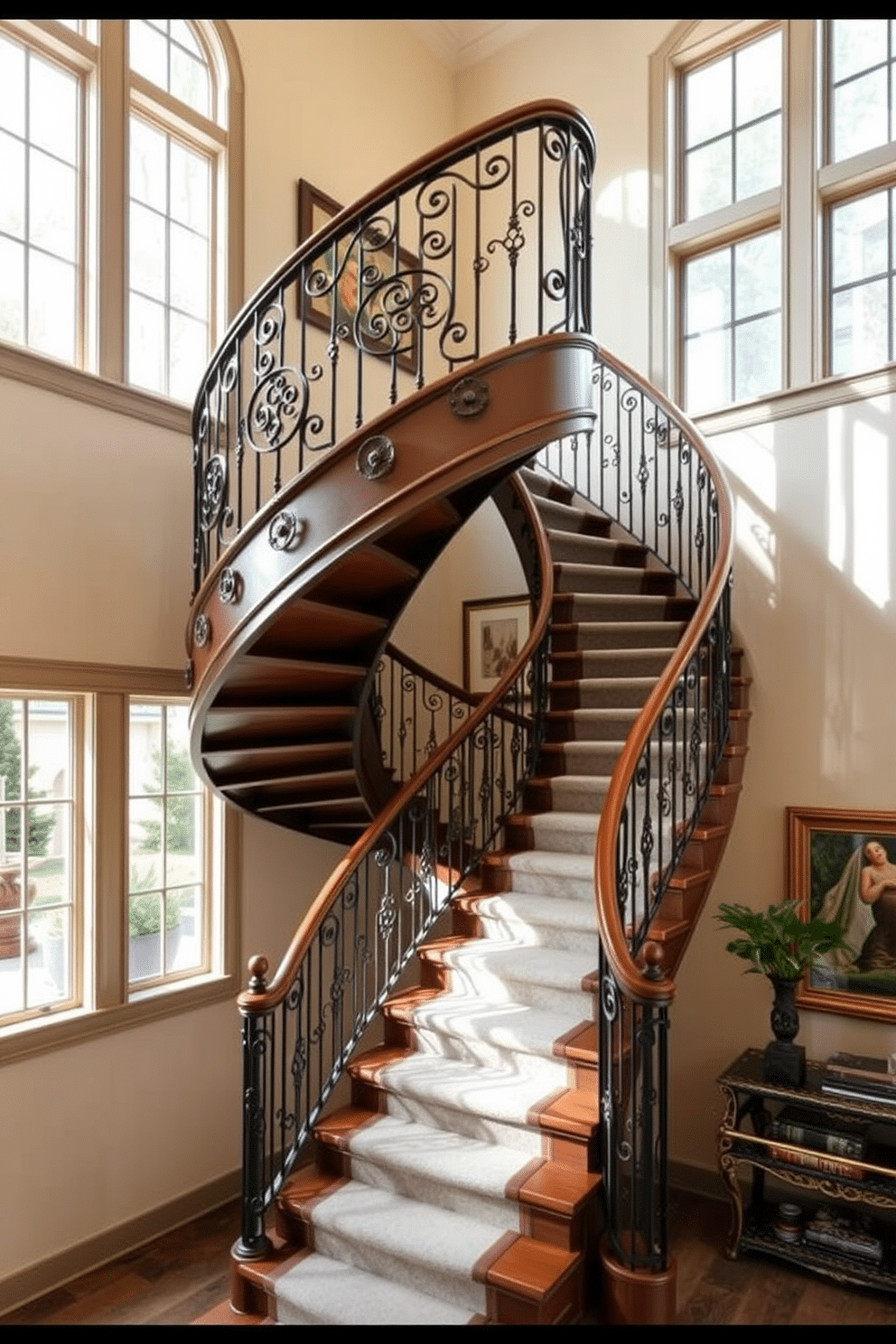 Artistic spiral staircase with an elegant handrail, featuring intricate metalwork and a polished wood finish. The staircase is surrounded by large windows that allow natural light to flood the space, highlighting the unique design and craftsmanship. Curved staircase design ideas that incorporate a seamless flow from one level to another, adorned with decorative balusters and a soft carpet runner. The staircase is set against a backdrop of neutral walls, complemented by artwork that enhances the overall aesthetic of the home.