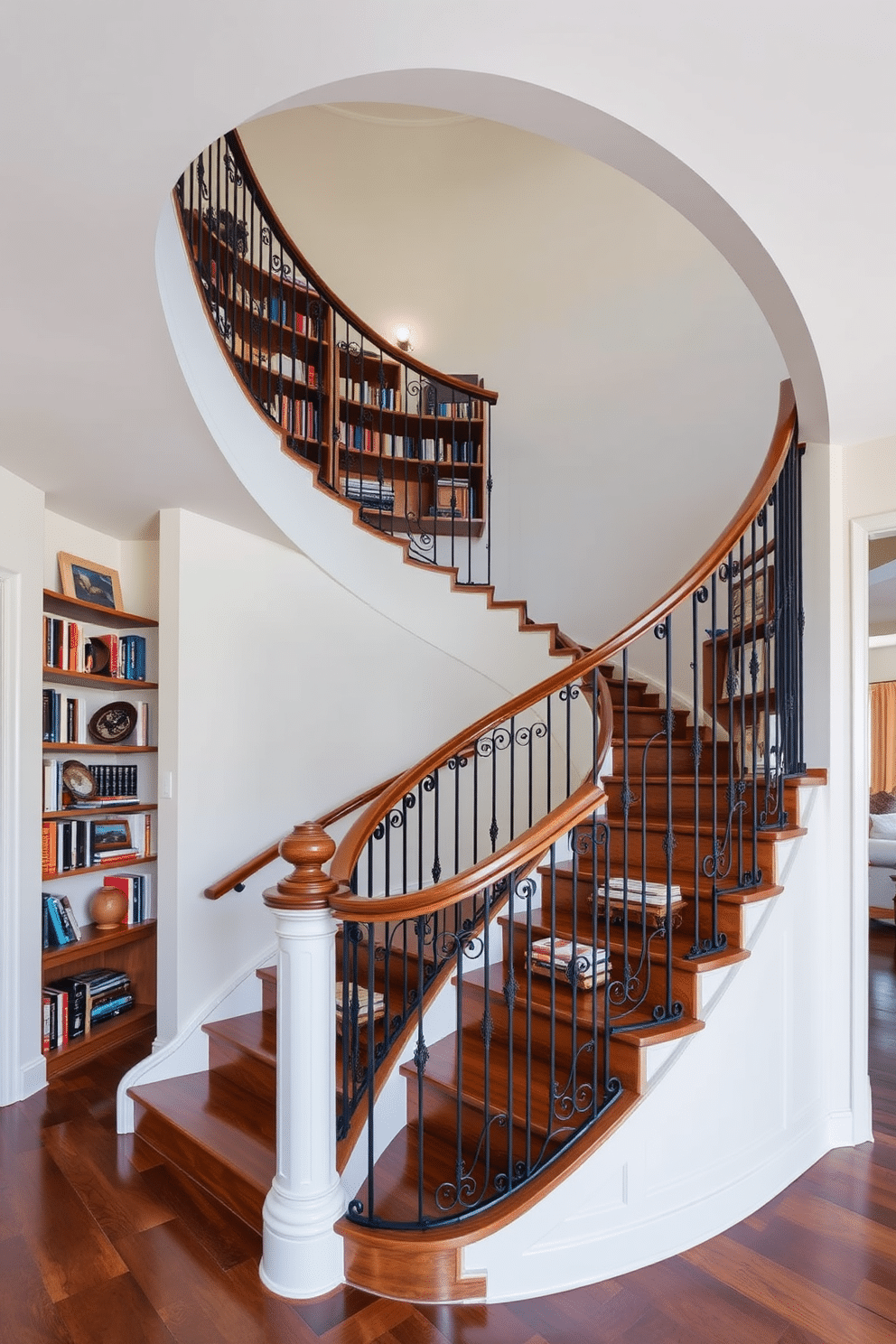 A stunning curved staircase flows gracefully upwards, featuring integrated bookshelves along its side, showcasing a curated collection of books and decorative items. The staircase is crafted from rich hardwood, with elegant wrought iron railings that add a touch of sophistication and charm to the space.