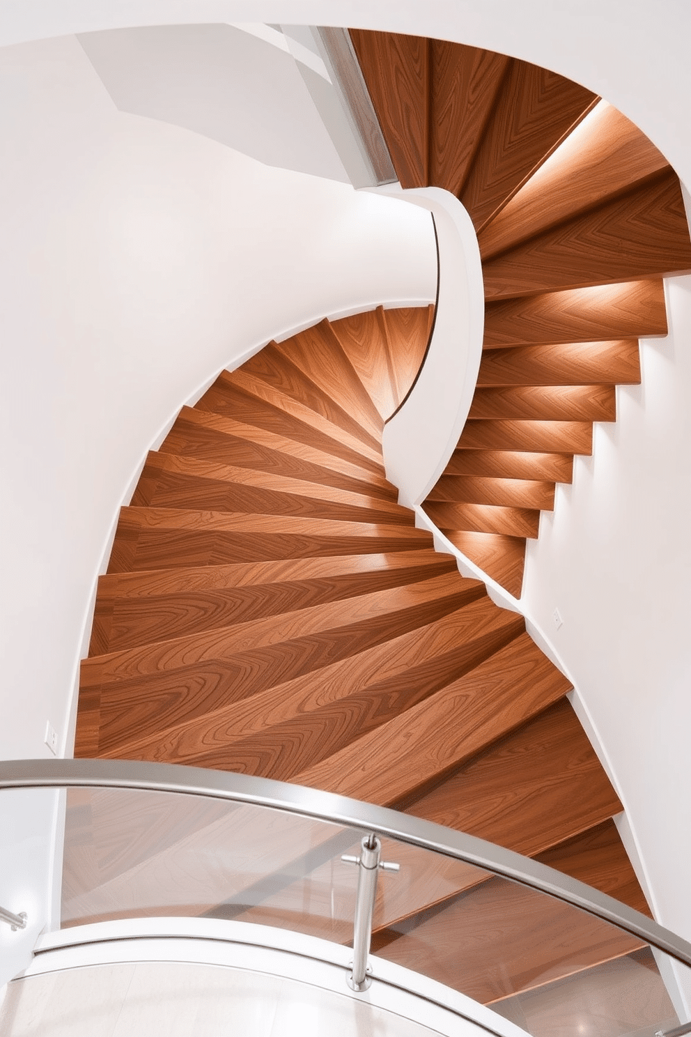 A stunning curved staircase features geometric patterned steps that create a dynamic visual flow. The steps are finished in a rich walnut wood, contrasting beautifully with the sleek white walls that surround the staircase. At the base, a minimalist railing in brushed nickel adds a modern touch while maintaining an open feel. Soft LED lighting is integrated into the risers, illuminating the geometric patterns and enhancing the staircase's architectural elegance.