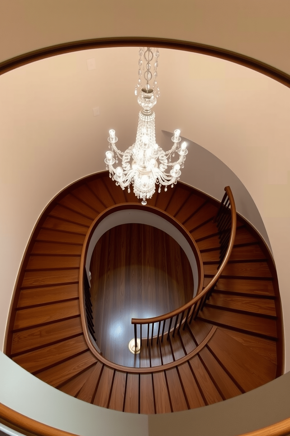 A grand curved staircase elegantly sweeps upward, its polished wooden steps creating a warm contrast against the soft, light-colored walls. At the center, a stunning crystal chandelier hangs, casting a sparkling glow that highlights the intricate details of the staircase's banister and surrounding decor.