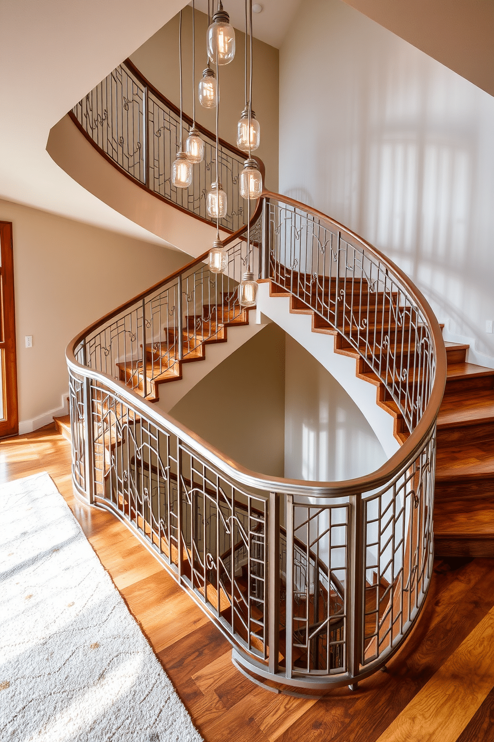 A stunning curved staircase that elegantly flows through the space, featuring a combination of rich wood and sleek metal railings. The steps are crafted from a warm-toned hardwood, while the balustrade showcases a modern geometric pattern in brushed nickel, creating a striking visual contrast. The staircase is illuminated by a series of pendant lights that hang gracefully above, casting soft shadows and highlighting the curvature of the design. A plush runner in a neutral tone adds comfort and style, seamlessly integrating the staircase into the overall aesthetic of the home.