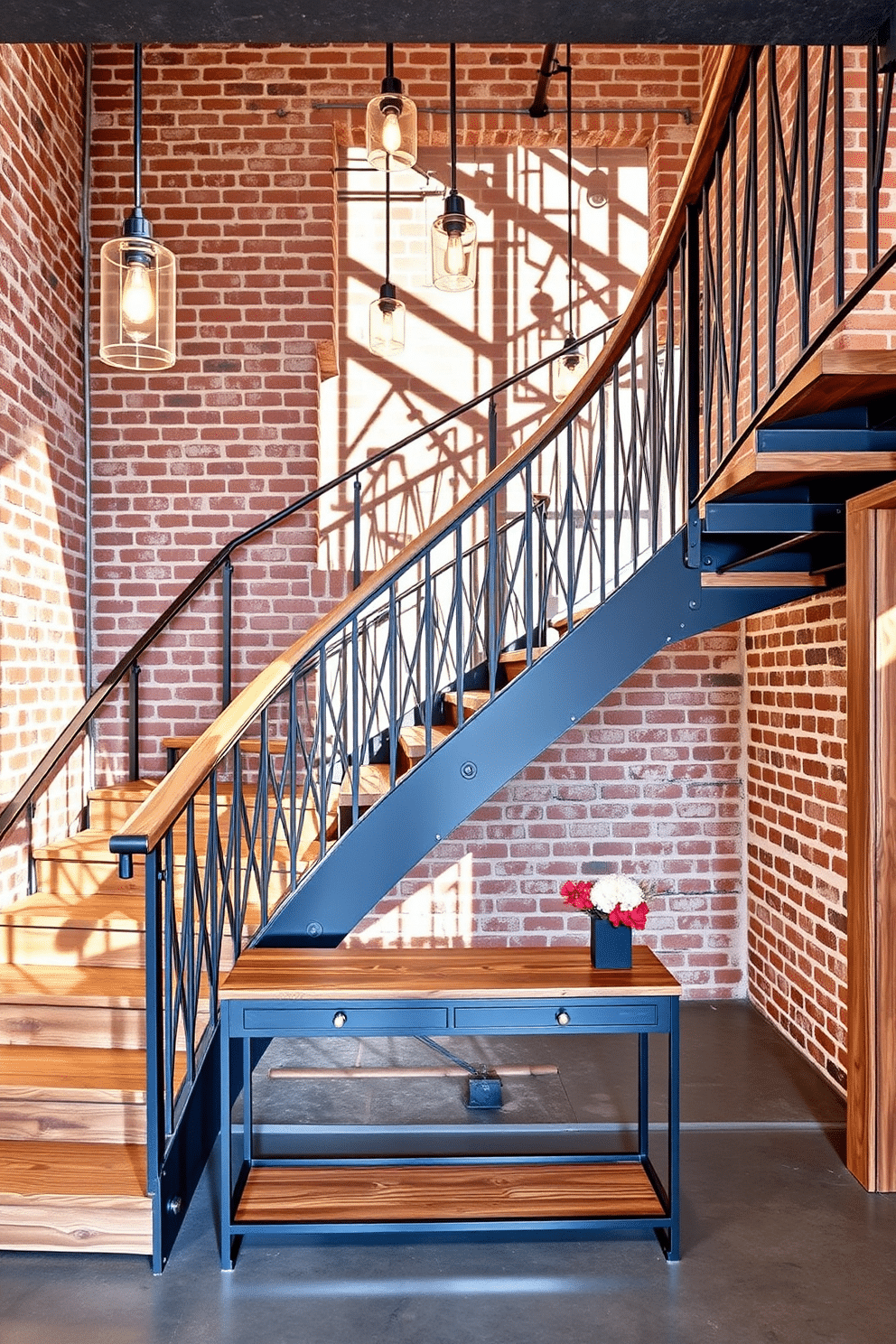 A striking industrial-style curved staircase features a sleek metal railing with geometric patterns and a raw wooden handrail that adds warmth. The staircase is illuminated by pendant lights hanging from the ceiling, casting intriguing shadows on the exposed brick wall behind it. The steps are crafted from reclaimed wood, showcasing their natural grain and imperfections, while the metal framework provides a bold contrast. At the base of the staircase, a minimalist console table with industrial accents complements the overall aesthetic, enhancing the entryway's character.