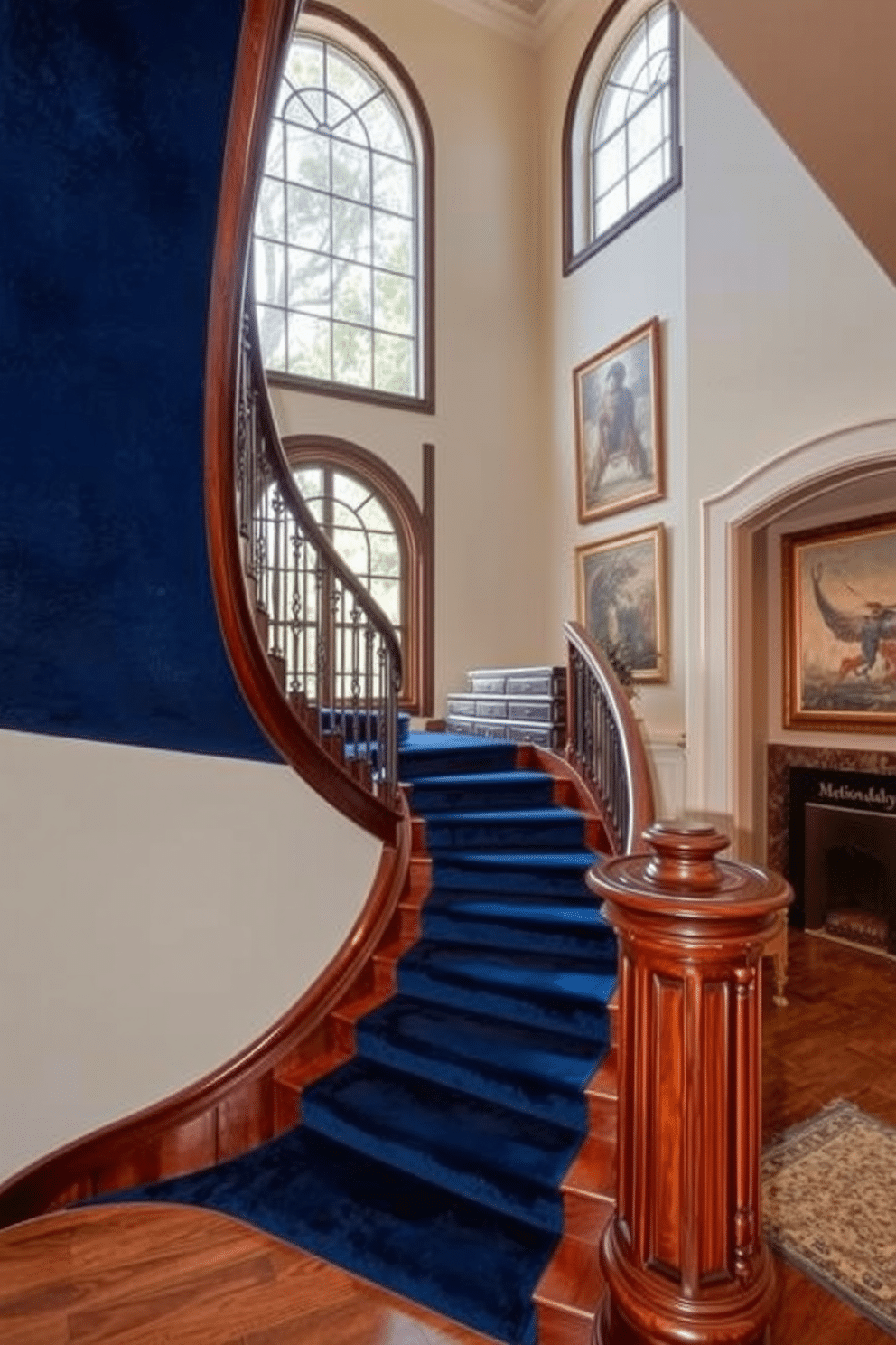 An elegant curved staircase gracefully ascends, featuring a plush, deep blue carpet that adds a touch of luxury. The banister is crafted from polished mahogany, with intricate detailing that complements the overall design aesthetics. Natural light floods the space through large, arched windows, highlighting the staircase's sweeping curves. The walls are adorned with tasteful artwork, enhancing the sophistication of the entryway.